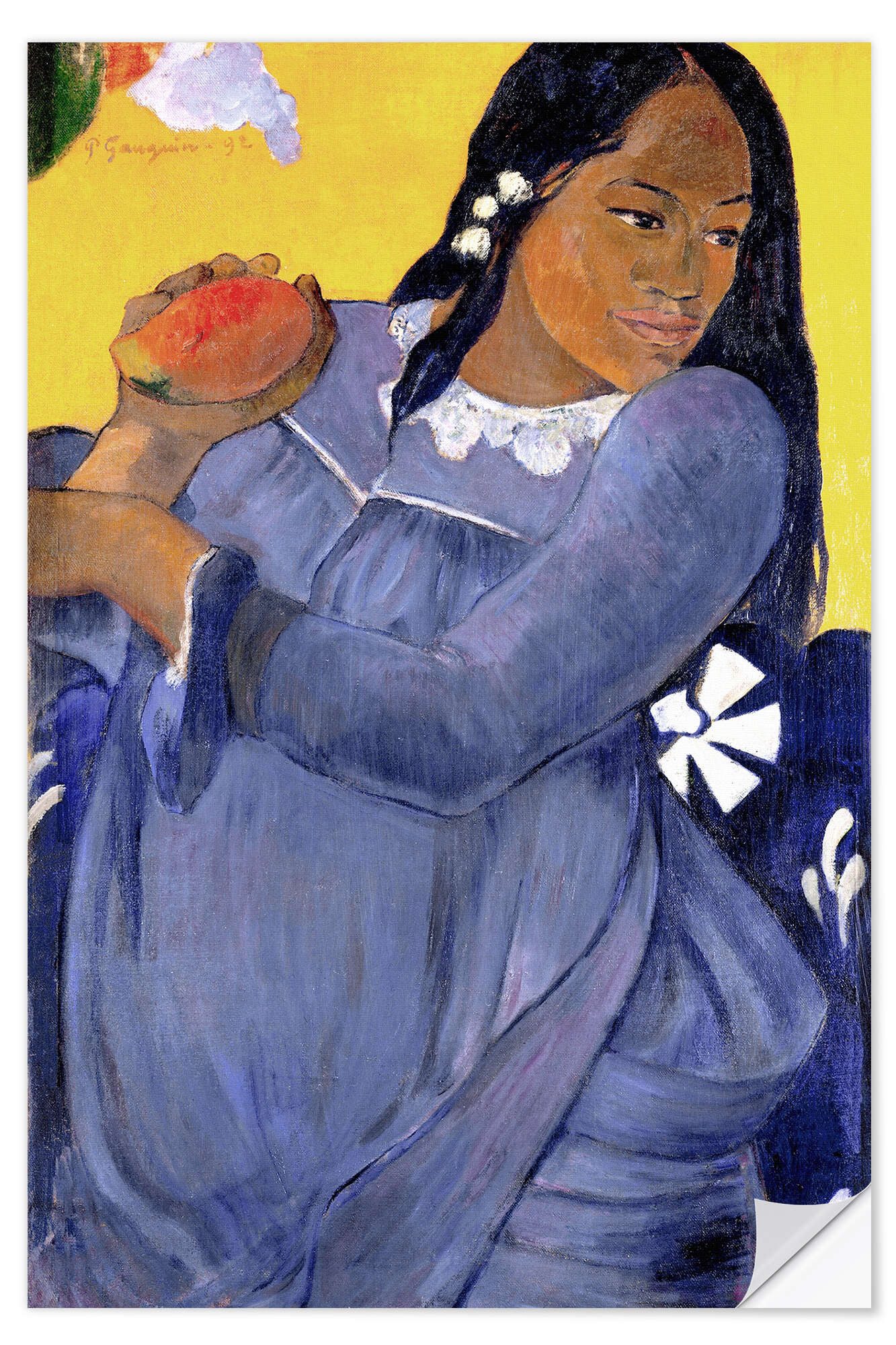 Posterlounge Wandfolie Paul Gauguin, Frau in blauem Kleid mit Mangofrucht, Malerei