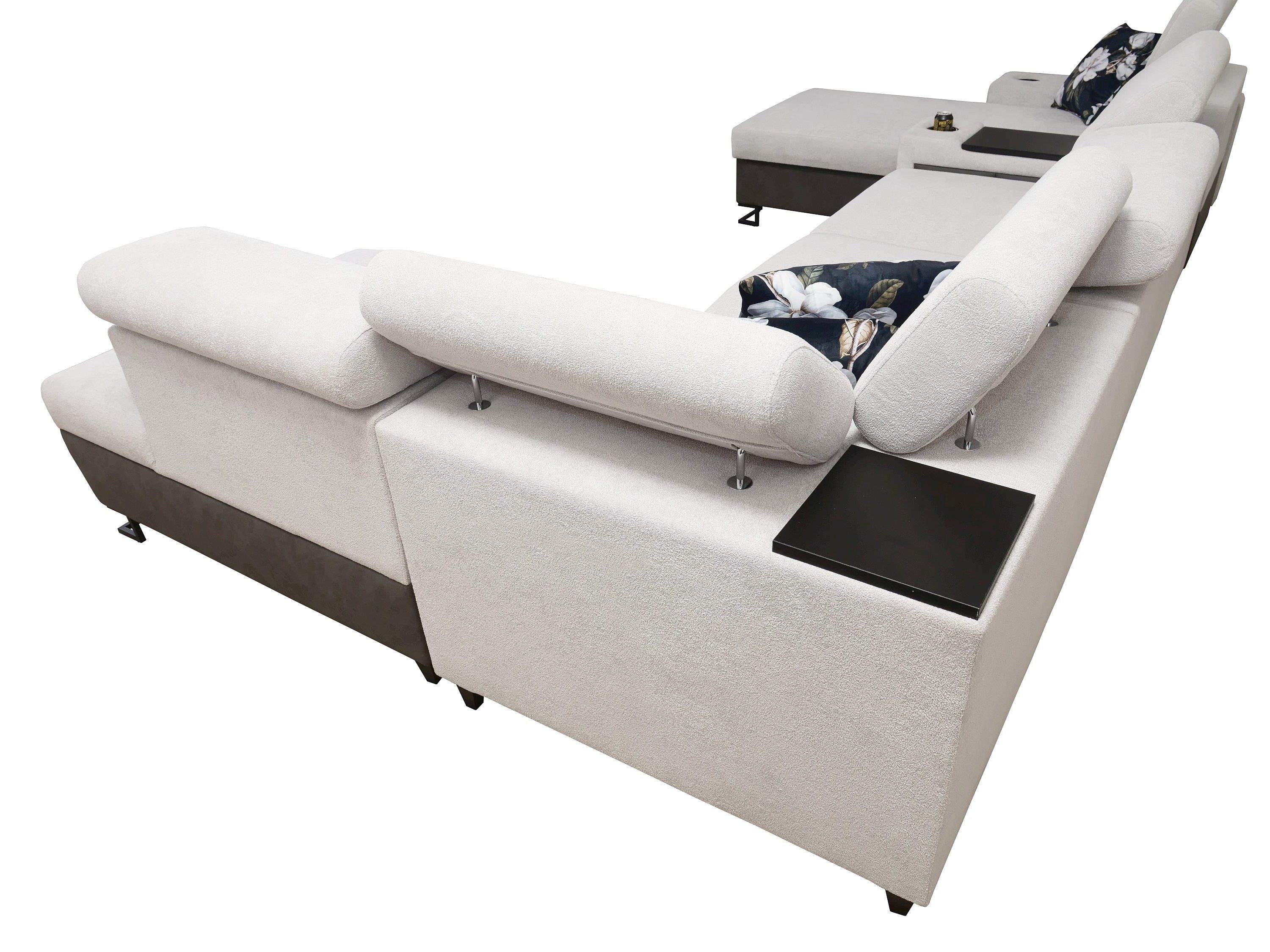 Möbel für Dich Wohnlandschaft in U-Form Melody V, mit Ablagetisch, Barfach, USB, Becherhalter, Bettfunktion, Bettkasten