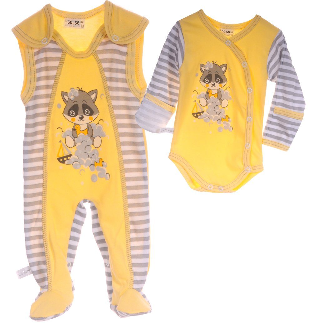 La Bortini Strampler Wickelbody Stramplerhose Set Body Baby Anzug in Gelb gestreift aus reiner Baumwolle, 44 50 56 62 68 74 80 86