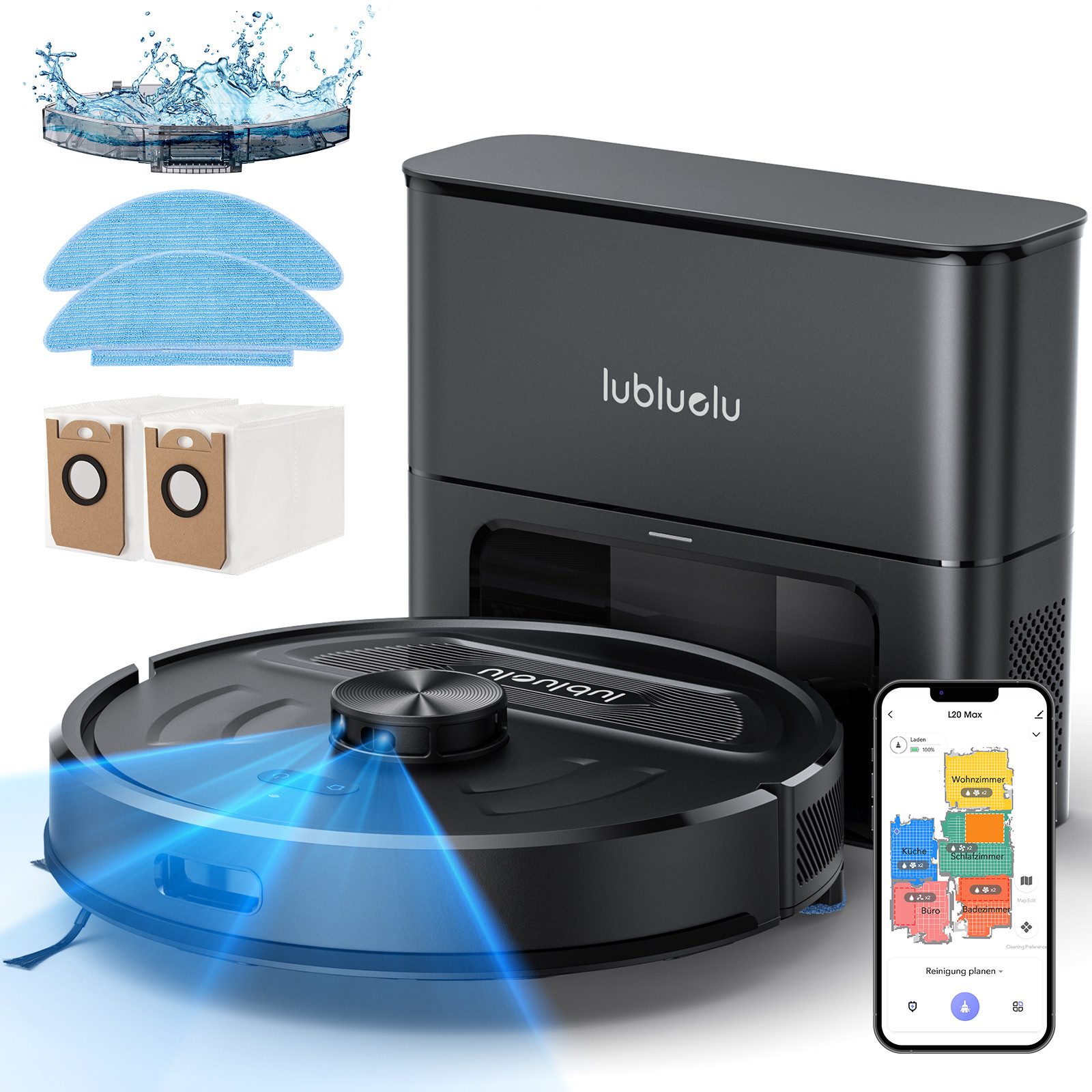lubluelu Nass-Trocken-Saugroboter L20 Max 3in1 Saug-Wisch-Kehr, 60 Tage Freihändige Reinigung, 42 W, mit Beutel, 2,5L Selbstentleerbehälter,Präzise LiDAR-Kartierung, Fortsetzreinigung