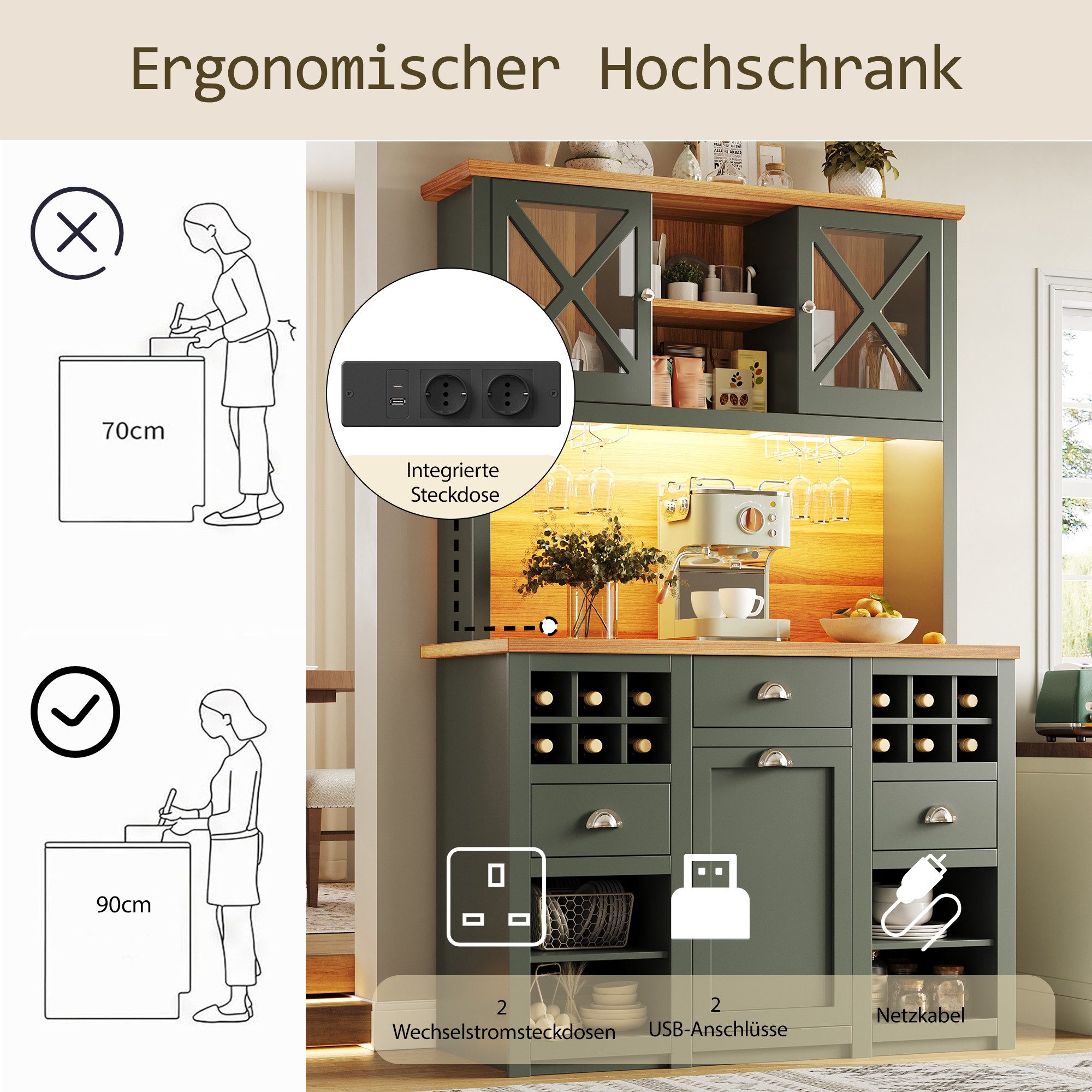 Celya Küchenbuffet mit LED Glastür Weinregal verstellbar(120 x 45 x 188 cm) (Ausgestattet mit 2 Wechselstromsteckdosen und 2 USB-Anschlüssen) Geeignet für Küchen, Restaurants usw.