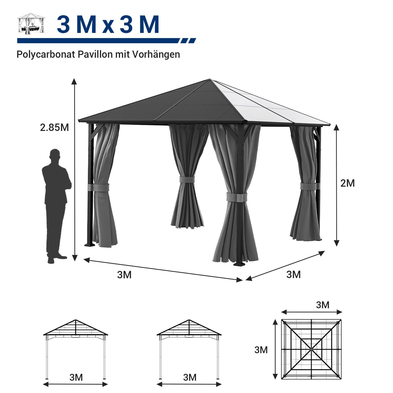 UDPATIO Pavillon Polycarbonat mit Vorhängen wasserdicht günstig online kaufen