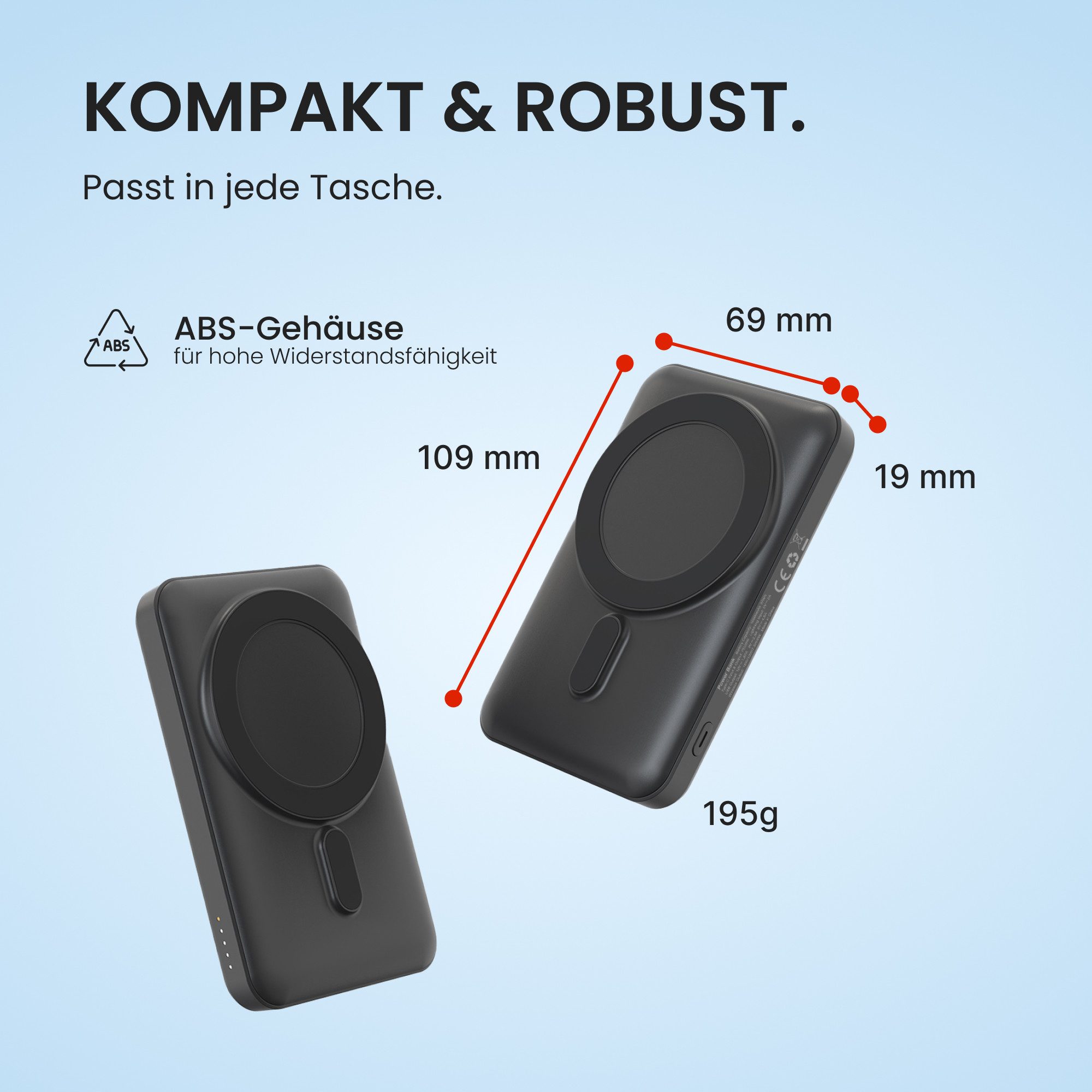 VIESTA 10.000mAh Rot USB-C Wireless Charger QC 22,5W & PD 20 W Fast Charging Powerbank, USB-A, Lightning-Eingang, LED-Anzeige, ABS-Gehäuse, kompakt, leicht – Bild 5 von 5
