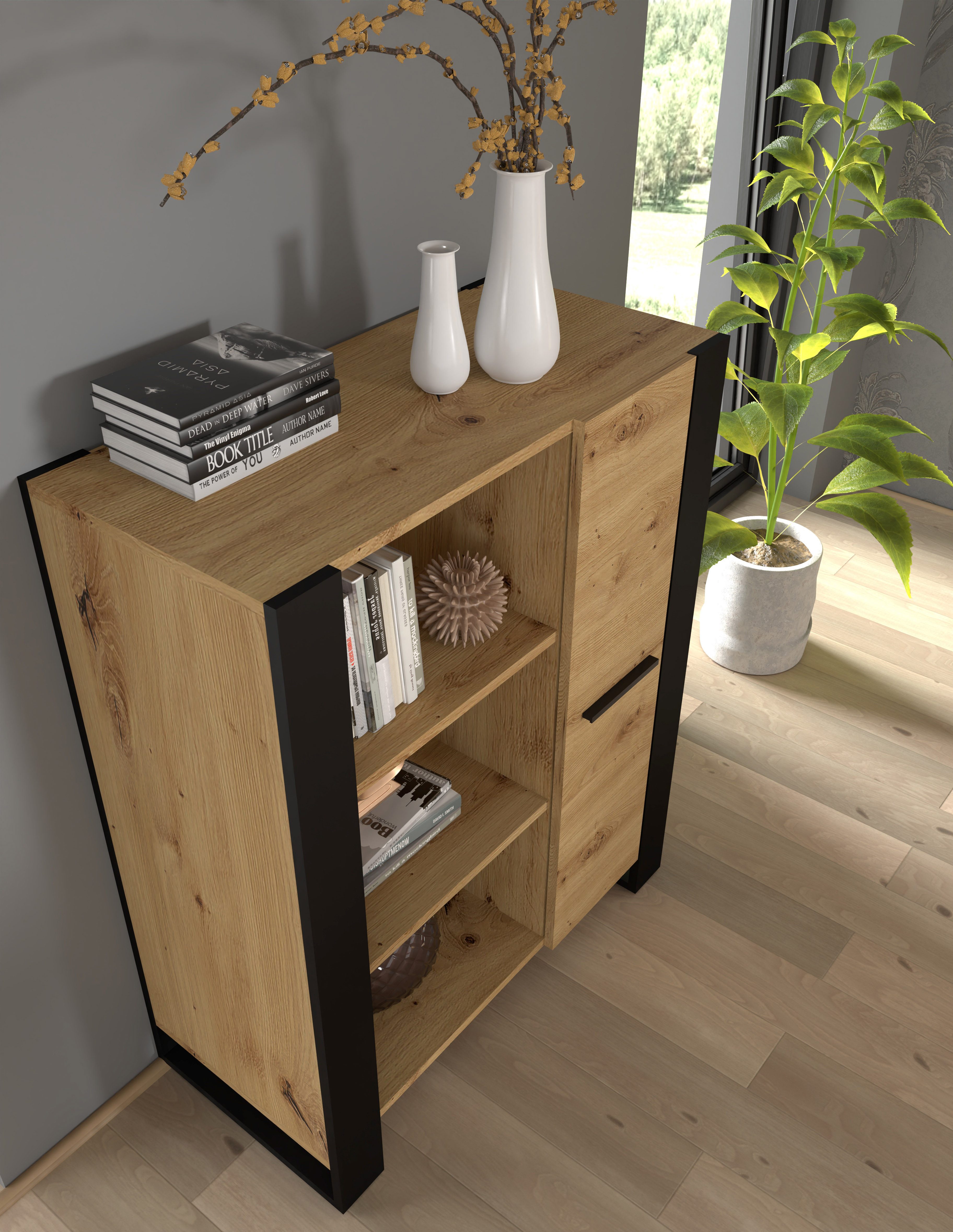Raumhirsch Furniture Standregal Standregal, Bücherschrank, Schrank, Bücherregal, Maße: 90 x 45 x 110 (H) cm, 3 Türen, Offene Fächer, Stehend