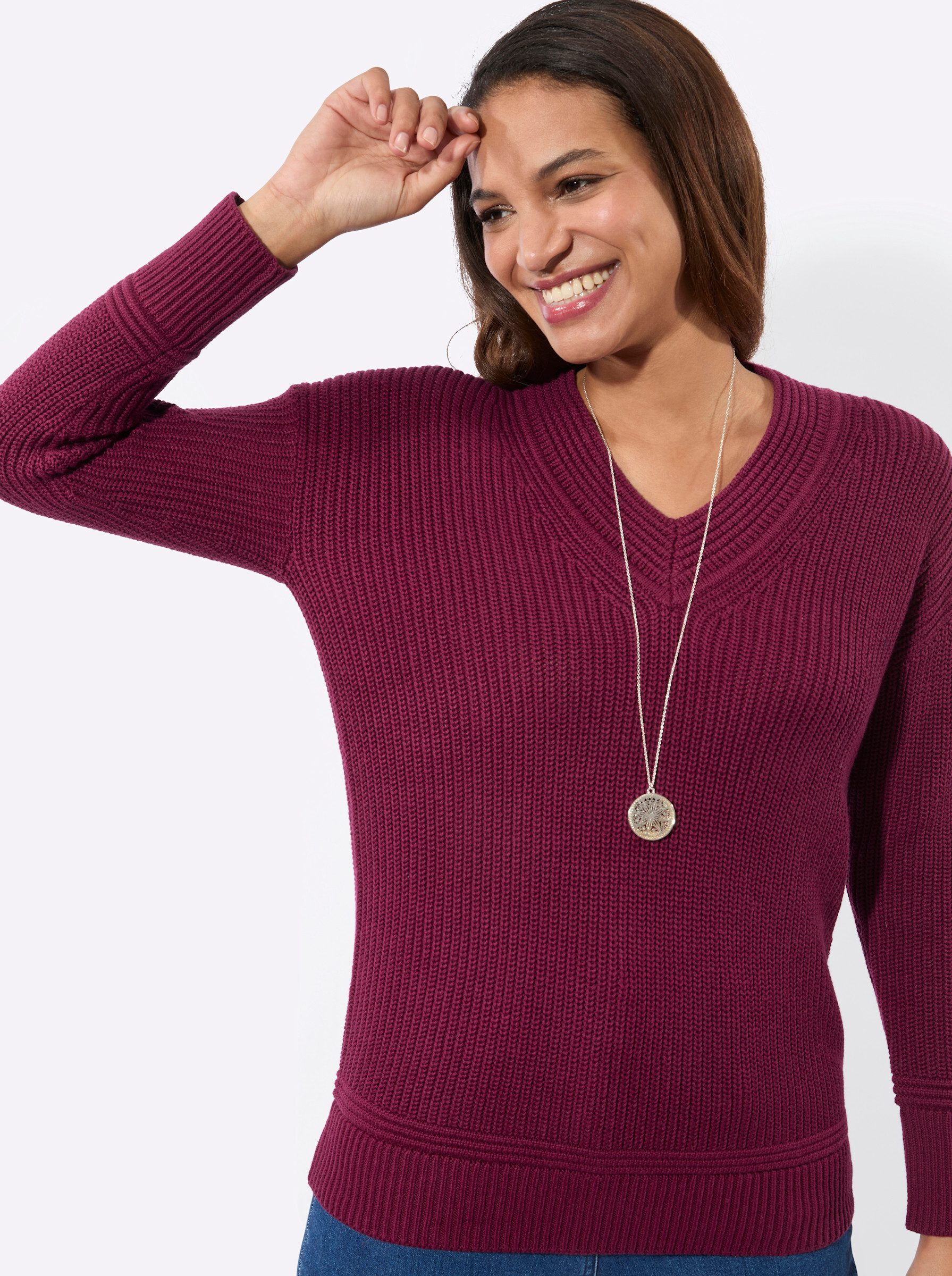 Witt Strickpullover V-Ausschnitt-Pullover Langarm Rippoptik