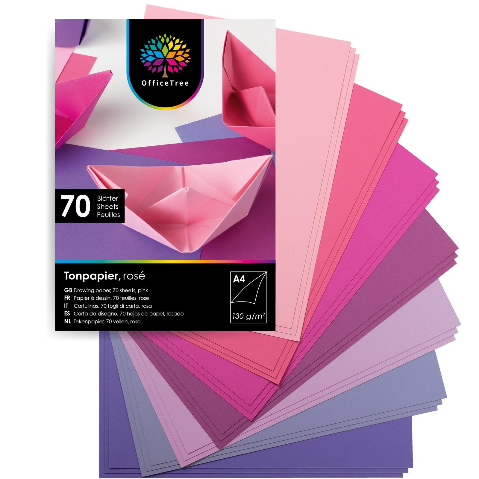 OfficeTree Transparentpapier 70 Blatt Bastelpapier Rosa Töne - 7 Farben - A4, 130g/m²