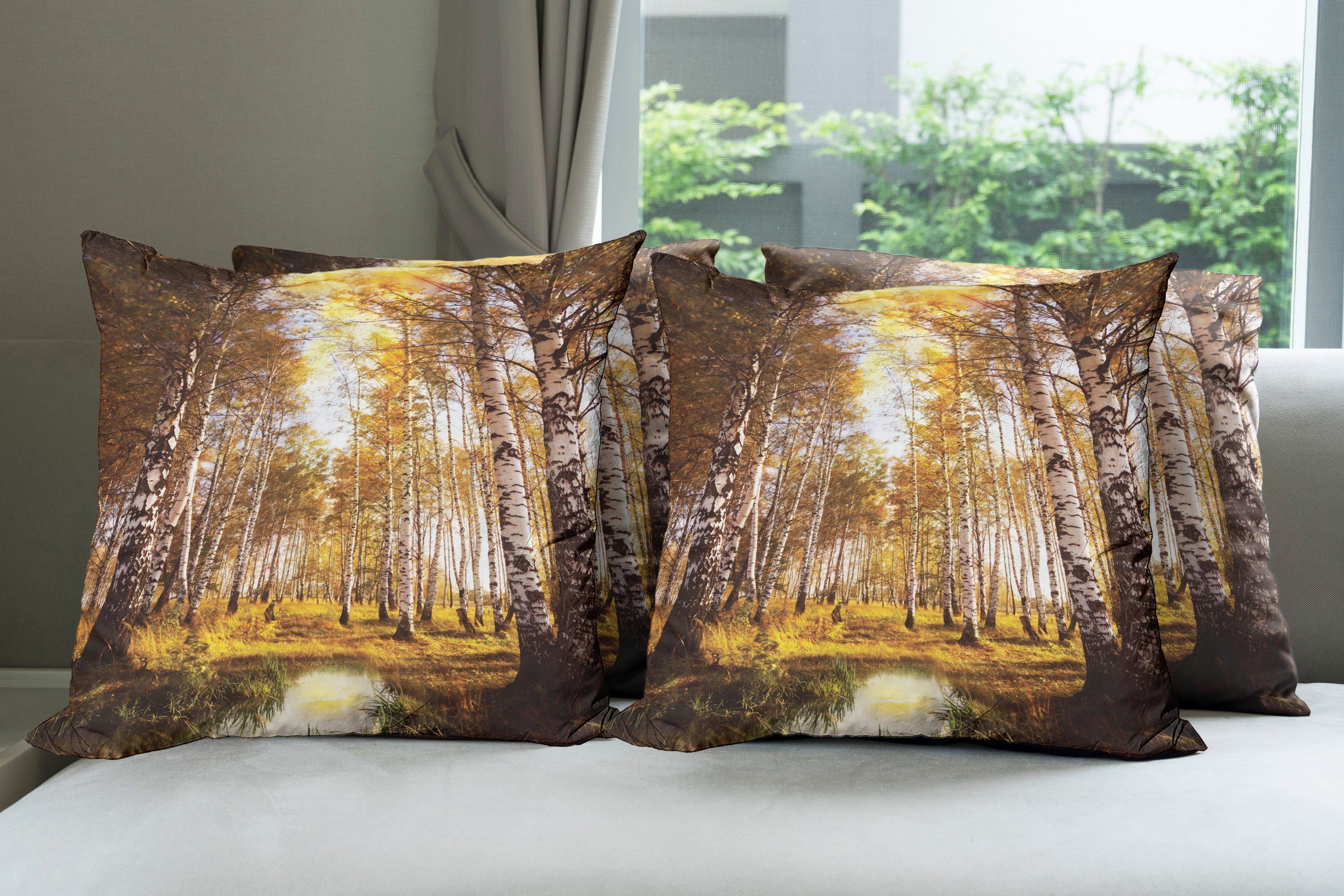 Modern Doppelseitiger Wald Accent (4 Stück), Abakuhaus Kissenbezüge Digitaldruck, Herbst-Birken-Fluss