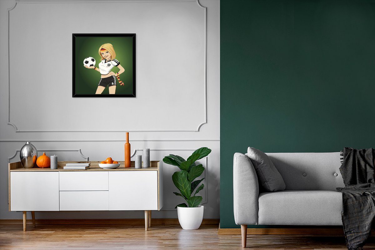 Gerahmtes (1 Kunstdruck, Poster mit -, eines und MuchoWow mit Bilderrahmen Mädchens Kleidung deutscher Poster, St), Illustration Rahmen, Fußball einem Schwarzem