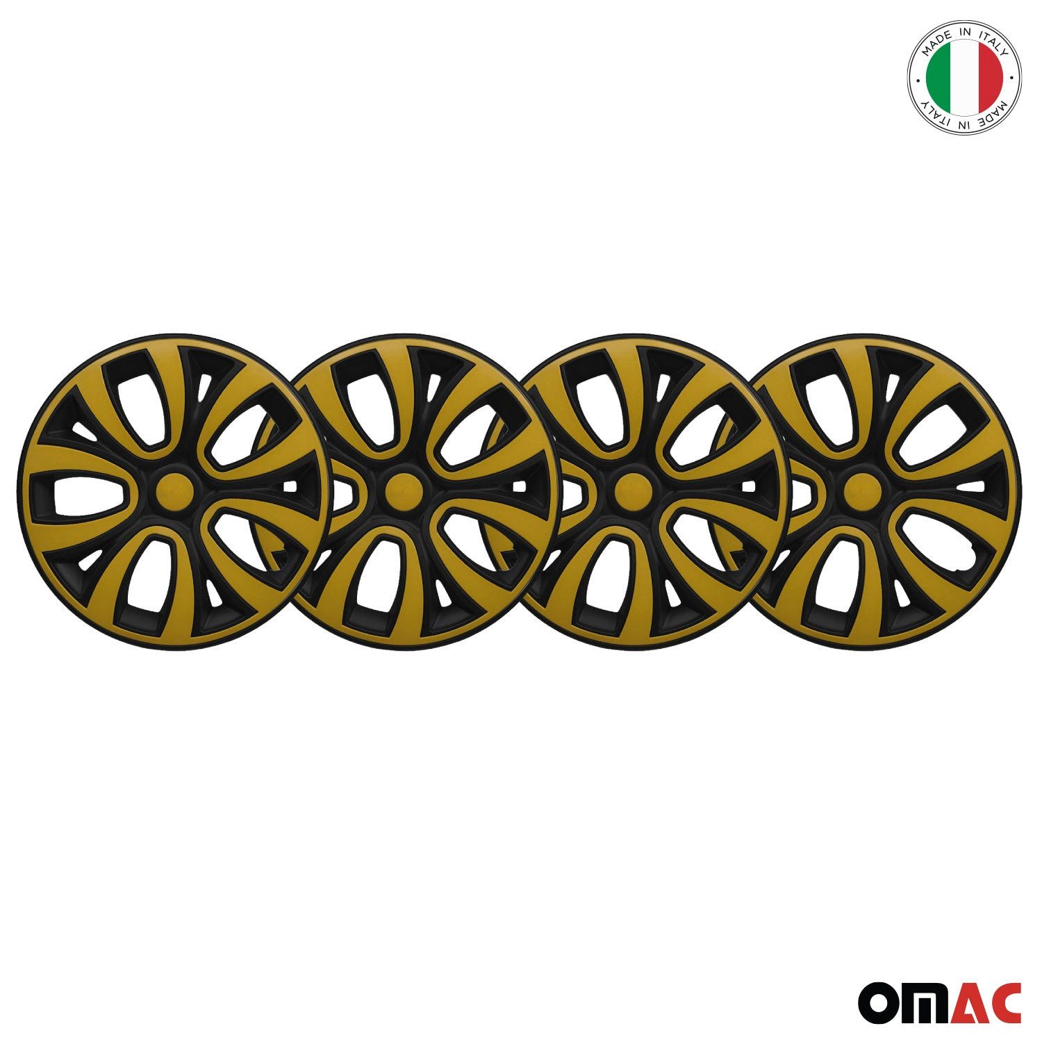 OMAC Wheel Covers 14 inch Black & Yellow 4-piece set, (4-pcs) Easy installation, lightweight, car wash safe