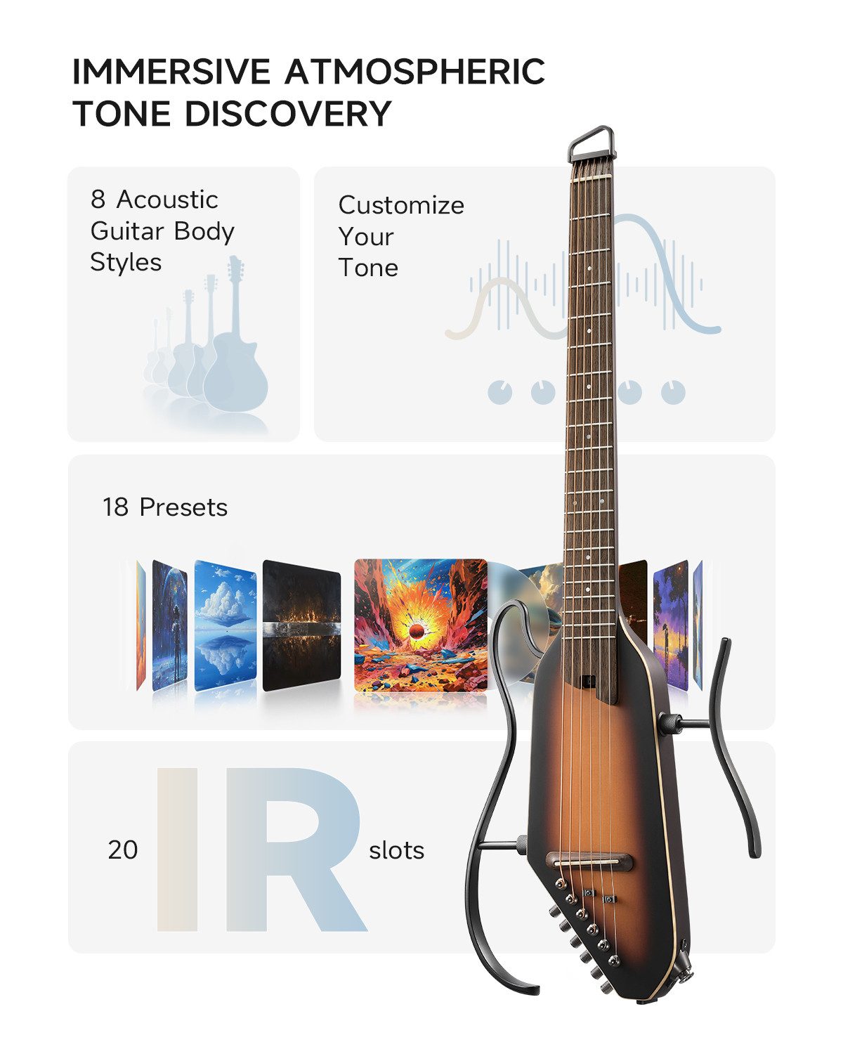 Donner Akustikgitarre HUSH I PRO Reisegitarre Effekte Smart E-Gitarre Set mit Kopfhörer, Matt Federleichte kopflose Gitarre, Kopfhörer, Gigbag, Gurt, Ladekabel, Ideal für Reisen und zum Üben