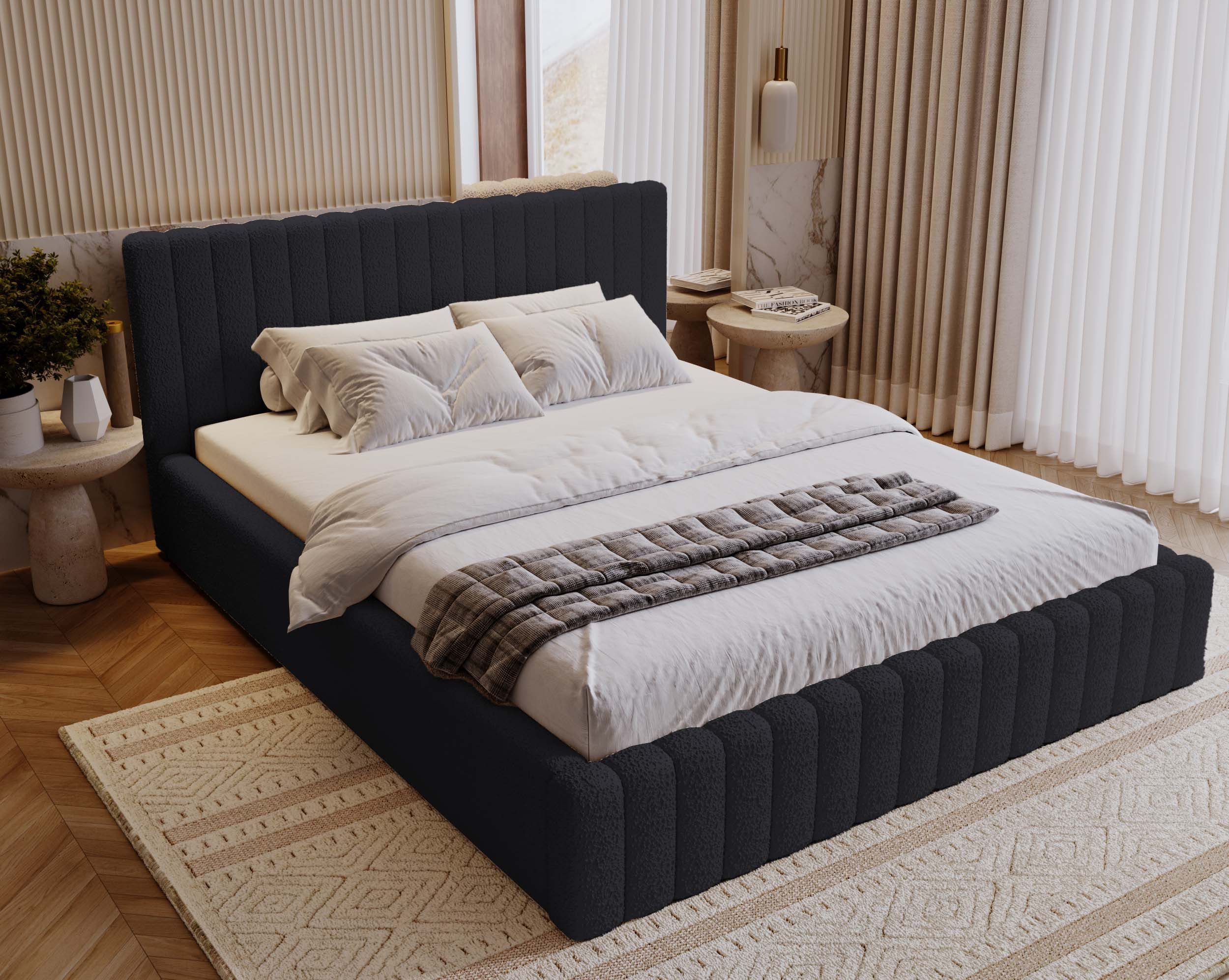 Goldstoff Polsterbett mit Bettkasten und Lattenrost (Boucle-Stoff in "Lammfell", Designerbett, Wolkenbett, Stauraumbett- 140/160/180x200), Erhältlich in 3 Größen und 6 Farben