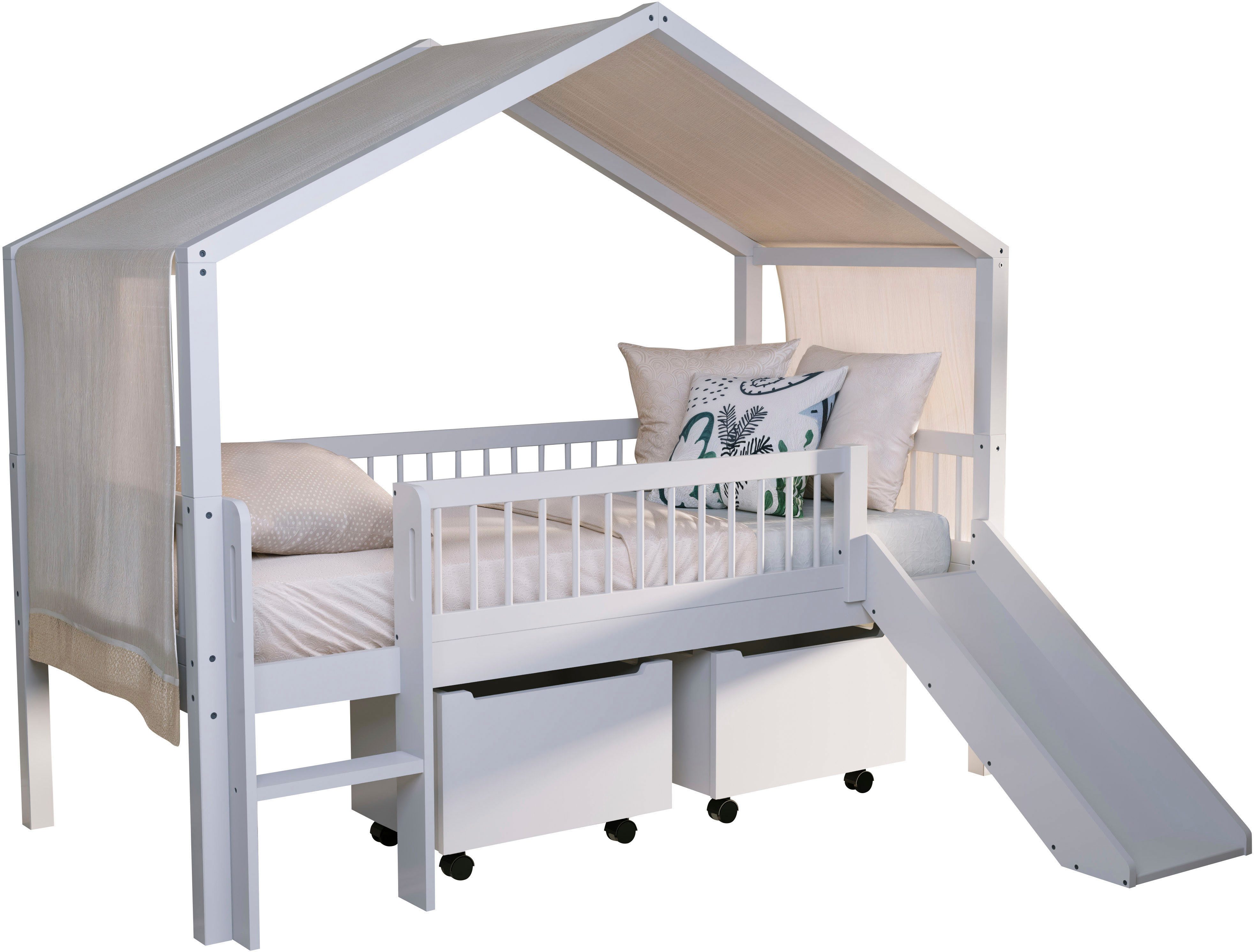 Vipack Hausbett Inkl. Dachaufbau, Leiter, Rutsche und Rolllattenrost, Made in Europe (wahlweise mit und ohne dekorativem Textilhimmel erhältlich), hochwertig und stabil bebaut, Buche massiv weiß lackiert