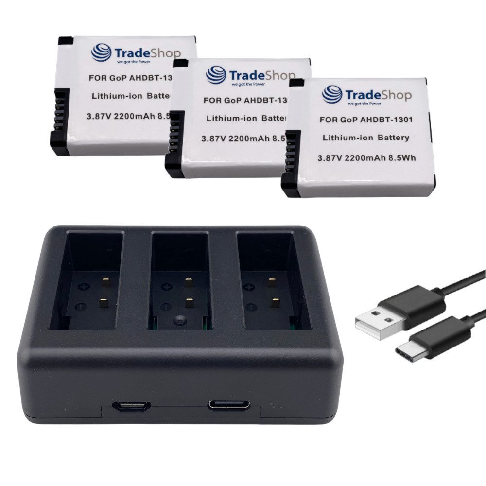 4in1 Set passend für GoPro AHDBT-1301PR CPSS1B - Triple Ladegerät + 3x Kamera-Akku