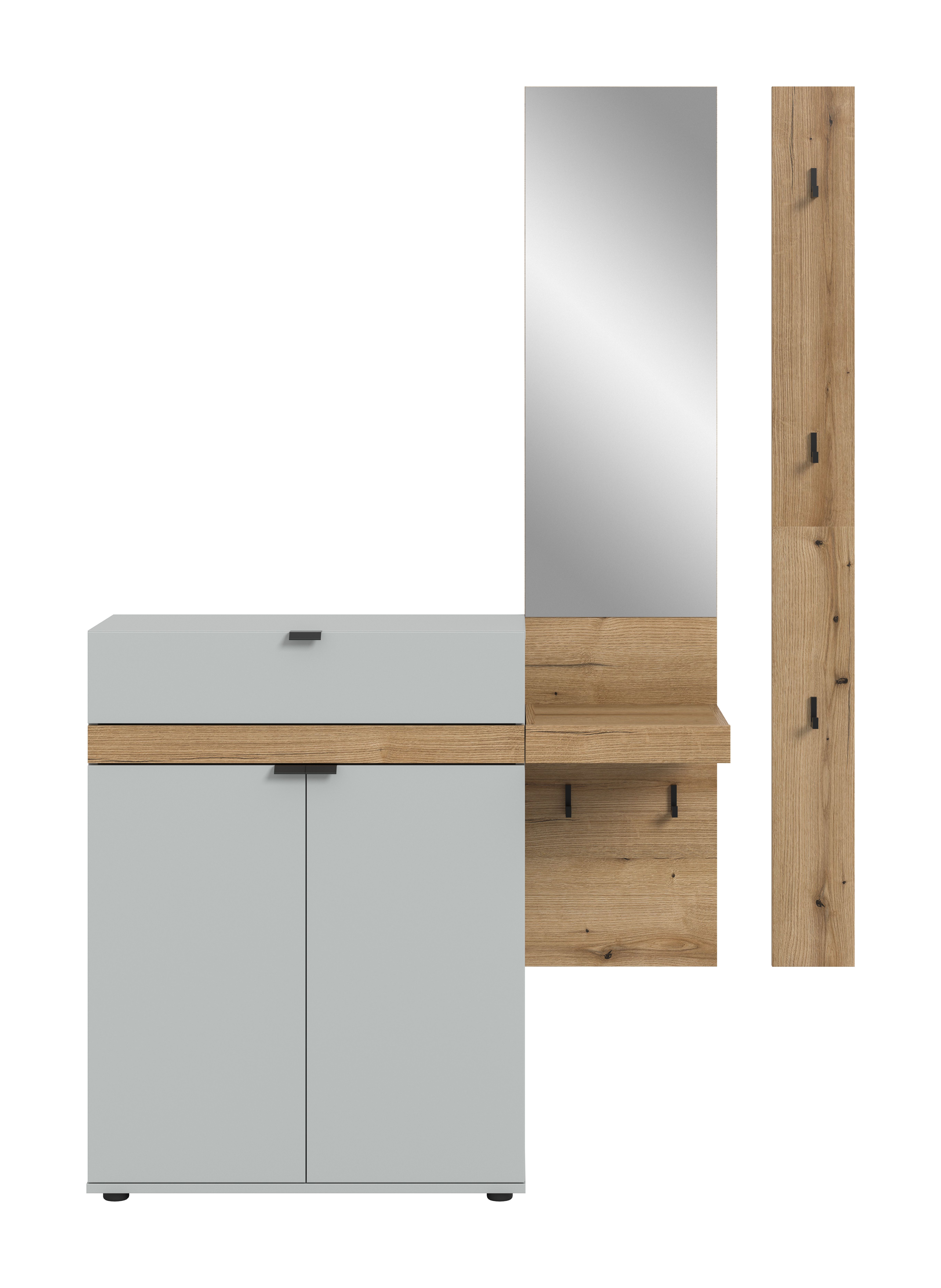 furnling Garderoben-Set Naroa, (3-St., Garderobenpaneel, Hakenpaneel, Schuhkommode), Schuhschrank, Garderobenmöbel, Breite 148 cm, grau/Evoke Oak