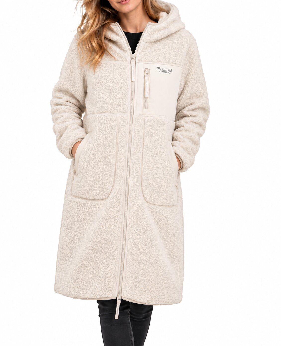 SUBLEVEL Fleecejacke Damen Teddy Fleece Mantel Jacke Lang geschnitten kuschelig Perfekte Passform Hochwertige Verarbeitung, Angenehm weich & warm