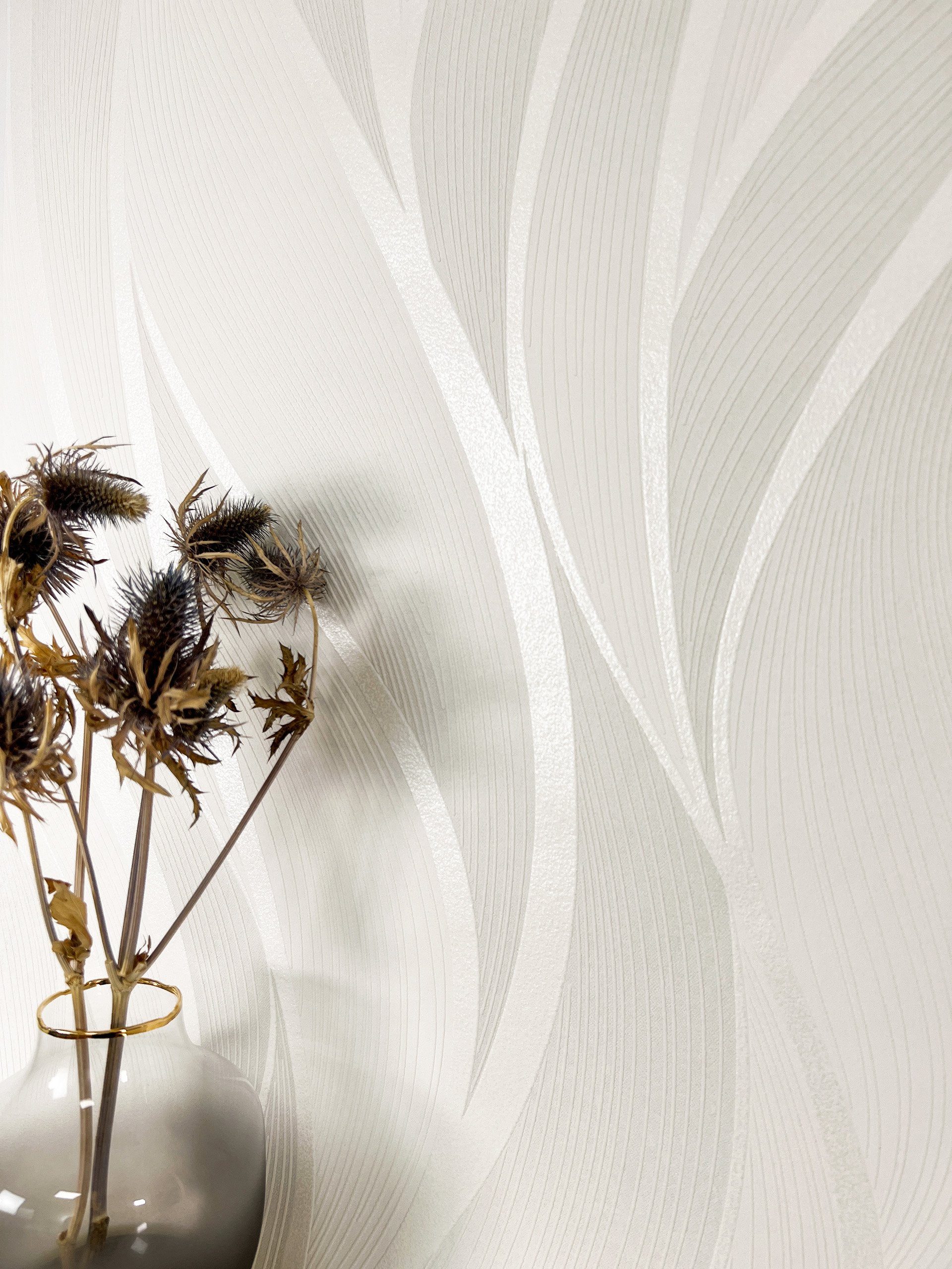 Newroom Vliestapete, Weiß Tapete Streifen Wellen - Wellenmuster Metallic Cr günstig online kaufen