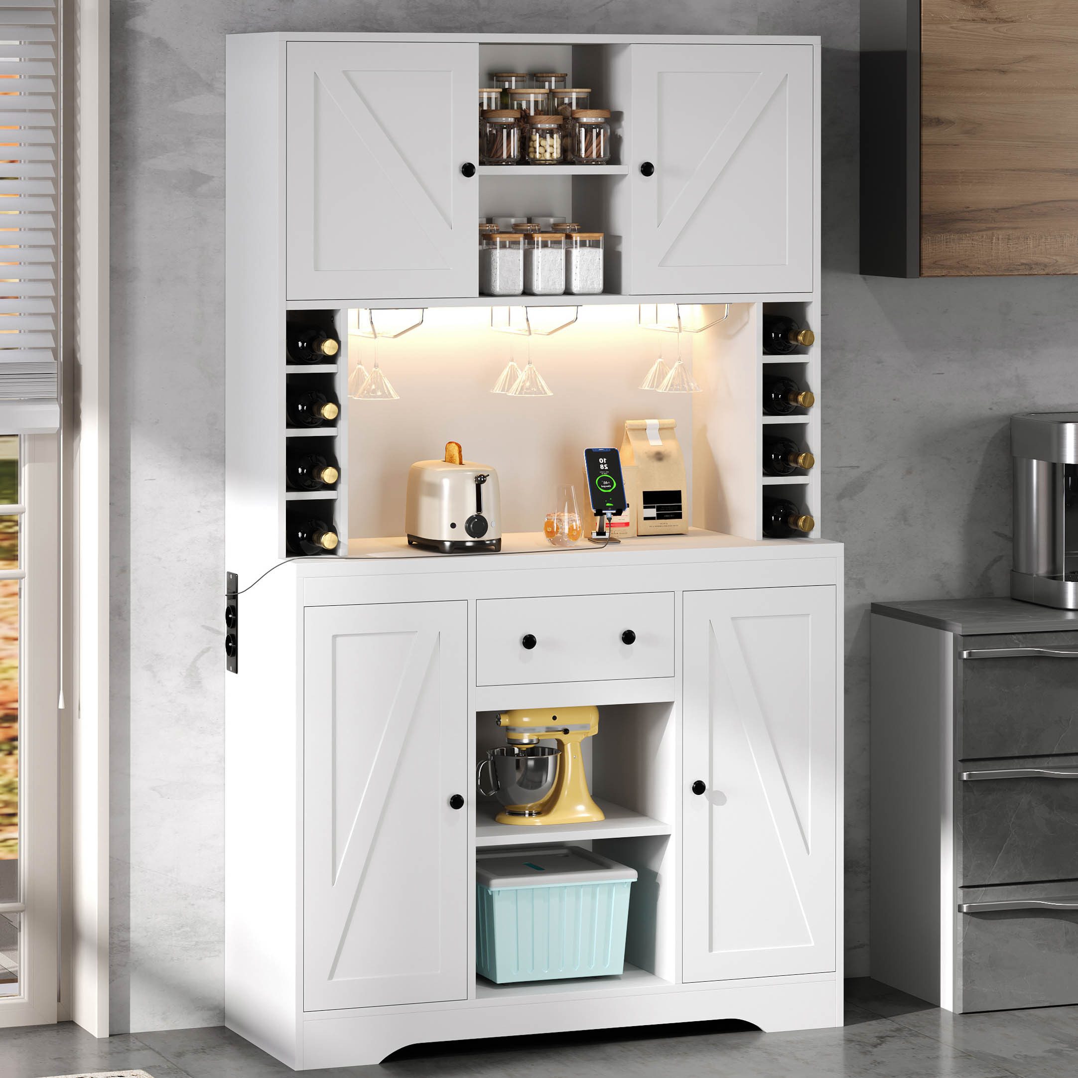 STILVORA Hochschrank mit verstellbaren Einlegeböden Küchenschrank mit Schublade und LED (Weinschrank mit Edelstahl-Weinglashalter Weinflaschenfächern, aus hochwertiger Spanplatte mit präziser Verarbeitung) Ideal für Küche, Esszimmer, Wohnzimmer oder Schlafzimmer