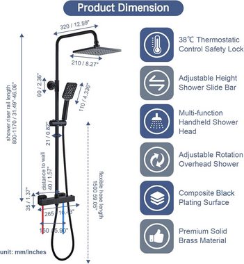 Solepearl Duschsystem mit Thermostat 38℃, Regendusche Duschamaturenset, 21 cm Kopfbrause, 3 Funktionen Handbrause, Edelstahl Verstellbarer