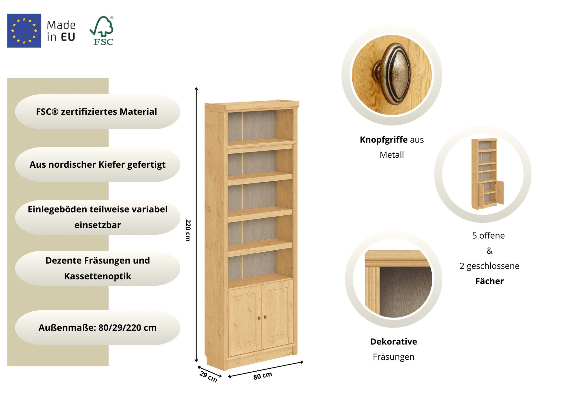 OTTO home Bücherregal mit 2 Türen Soeren Regal Aktenregal B/T/H: 80/29/220 cm, massive Kiefer, FSC®-zertifiziert