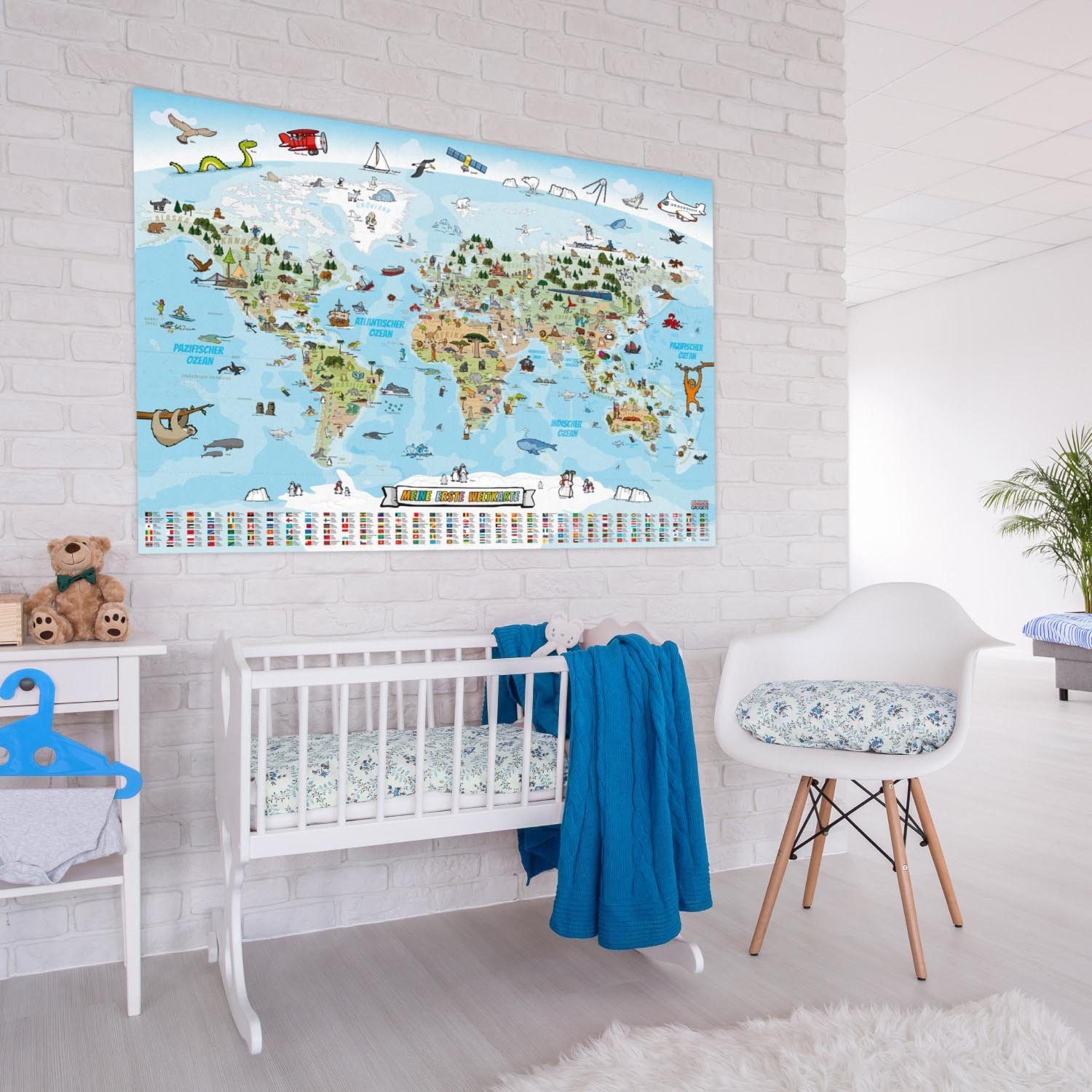 Goods+Gadgets Poster GOODS+GADGETS XXL Kinder Weltkarte – Handgezeichnetes Laminat Poster, Weltkarte (XXL Kids-World-Map), Land-Karte Handgezeichnet & Laminiert