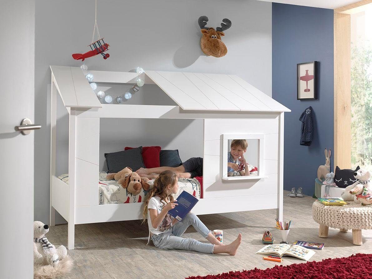 Vipack Kinderbett Hausbett, aus MDF und Massivholz weiß lackiert, inkl. Fenster vorne (B/H/T ca. 214x158,5x105cm, seitl. und hinten offen), wahlweise mit oder ohne Bettschublade auf Rollen