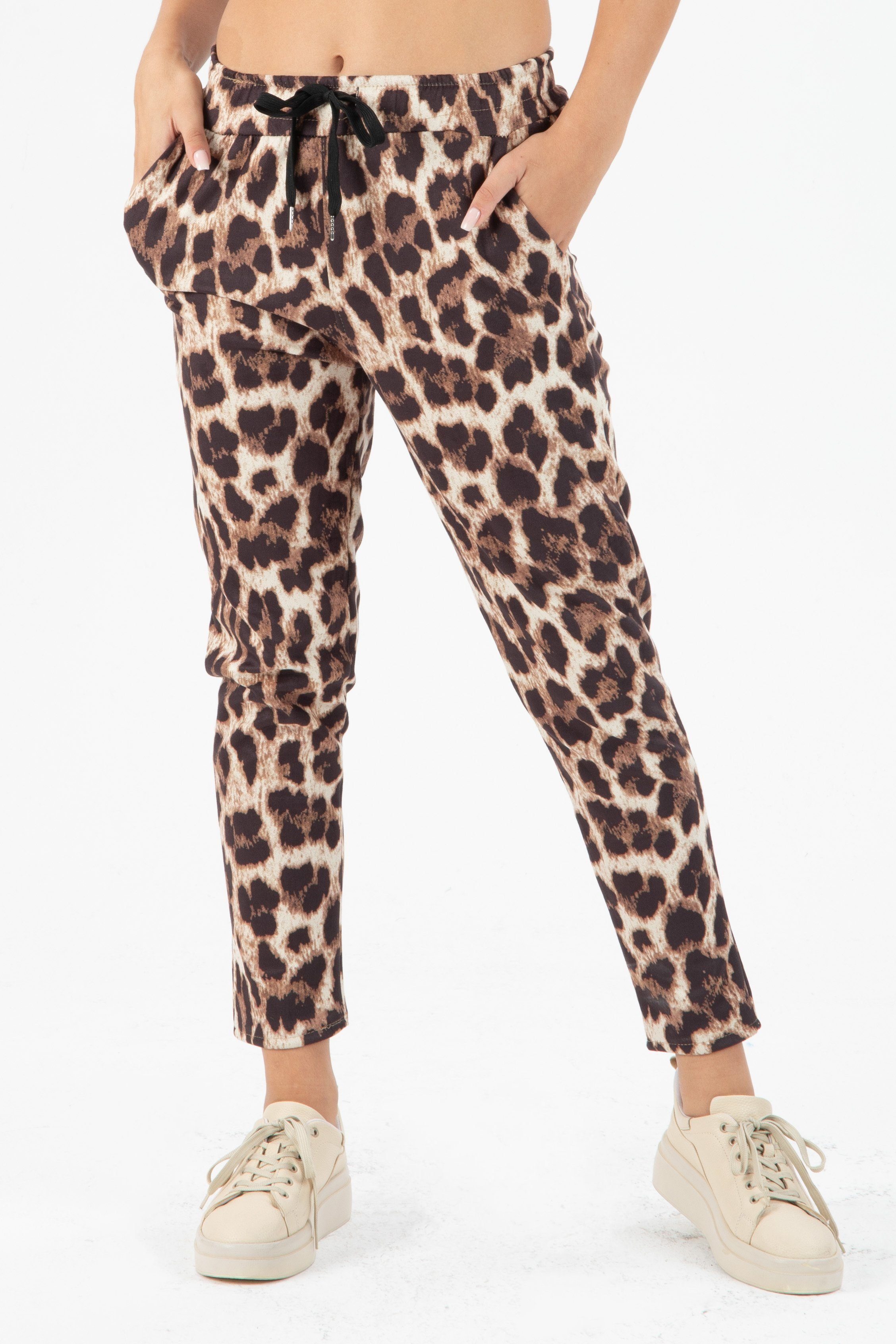 Kendindza Collection Jogger Pants Damen Leo Print Hose elegant Leopardenmuster Stoffhose Stretch Animalprint, elastischer Bund mit Tunnelzug, elastischer Gummibund