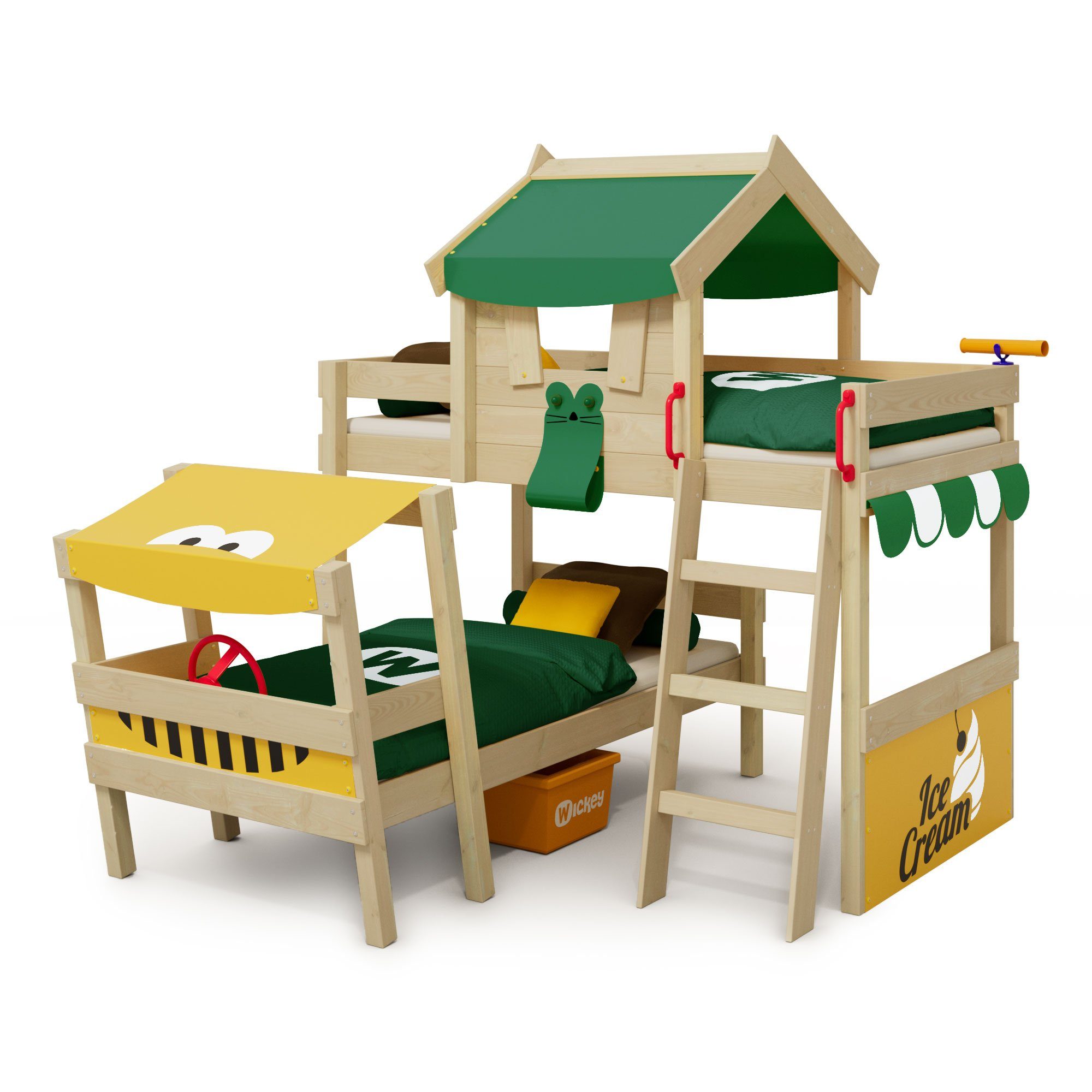 Wickey Kinderbett Crazy Trunky - Spielbett, 90 x 200 cm Hochbett (Holzpaket aus Pfosten und Brettern, Spielbett für Kinder), Massivholzbrett grün/gelb