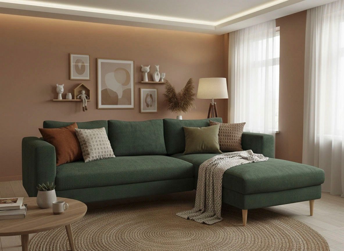 TRENDMANUFAKTUR Ecksofa Amazing, wahlw. mit Schlaffunktion & Bettkasten, Fuß Buche lackiert, Recamiere beidseitig montierbar, L-Form,in Cord o. Struktur, B: 232 cm