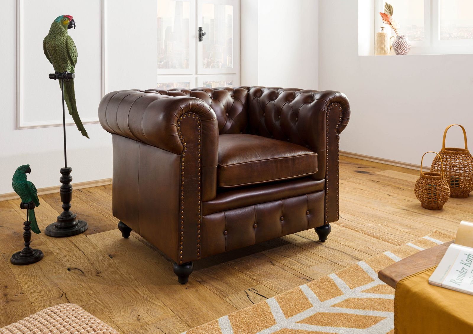 Massivmoebel24 Sessel (Sessel Echtleder Echtleder 105x82x75 braun CHESTERFI günstig online kaufen