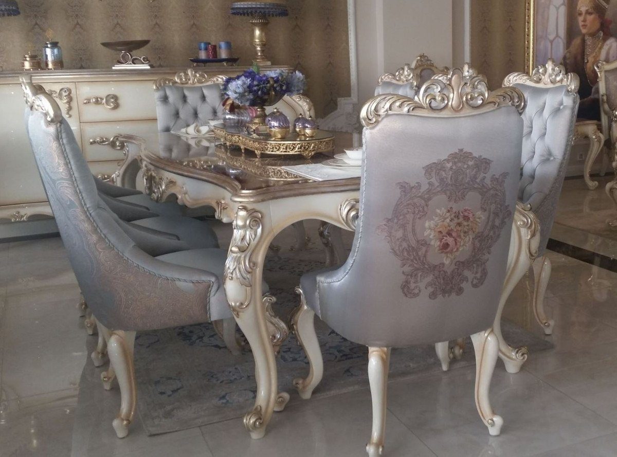 Casa Padrino Esszimmer-Set Luxus Barock Esszimmer Set Silber / Creme / Gold - 1 Esstisch & 6 Esszimmerstühle - Handgefertigte Esszimmermöbel im Barockstil - Edel & Prunkvoll