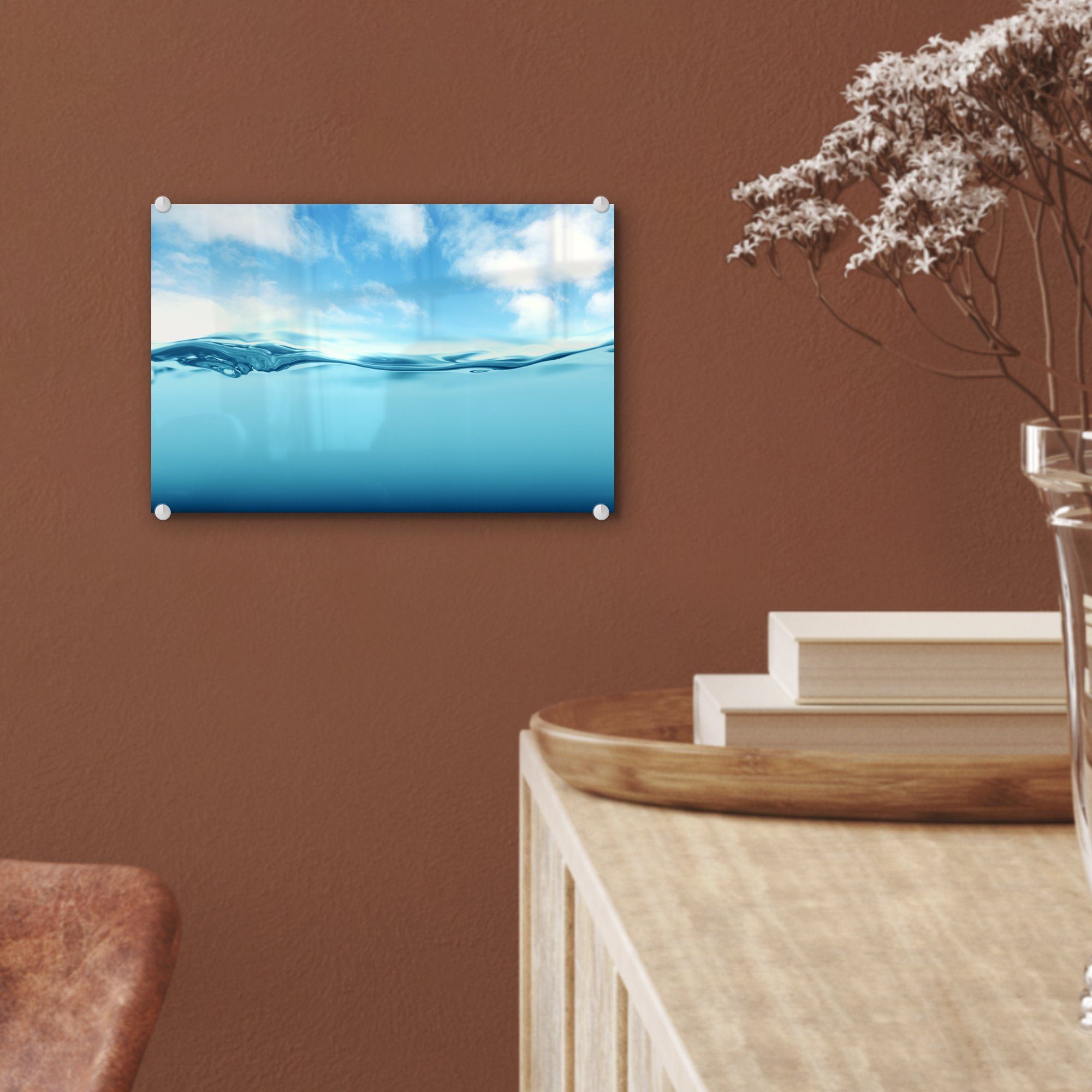 Meer - - Glasbilder Blau, Wolken MuchoWow auf Wanddekoration Wandbild - St), - Glas - Glas (1 auf Foto Bilder Acrylglasbild