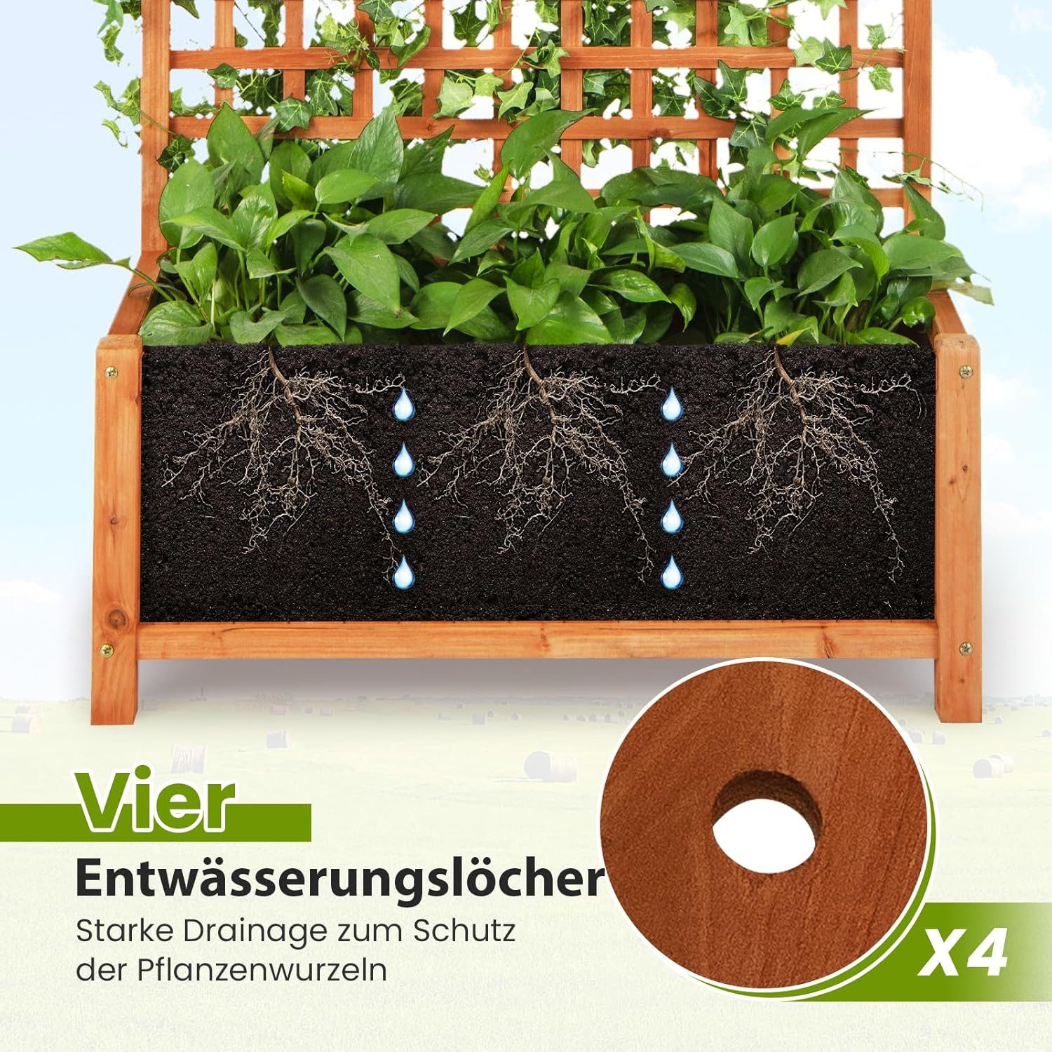 KOMFOTTEU Blumenkasten, Pflanzkasten mit Rankgitter, Ablauflöchern & Spalier