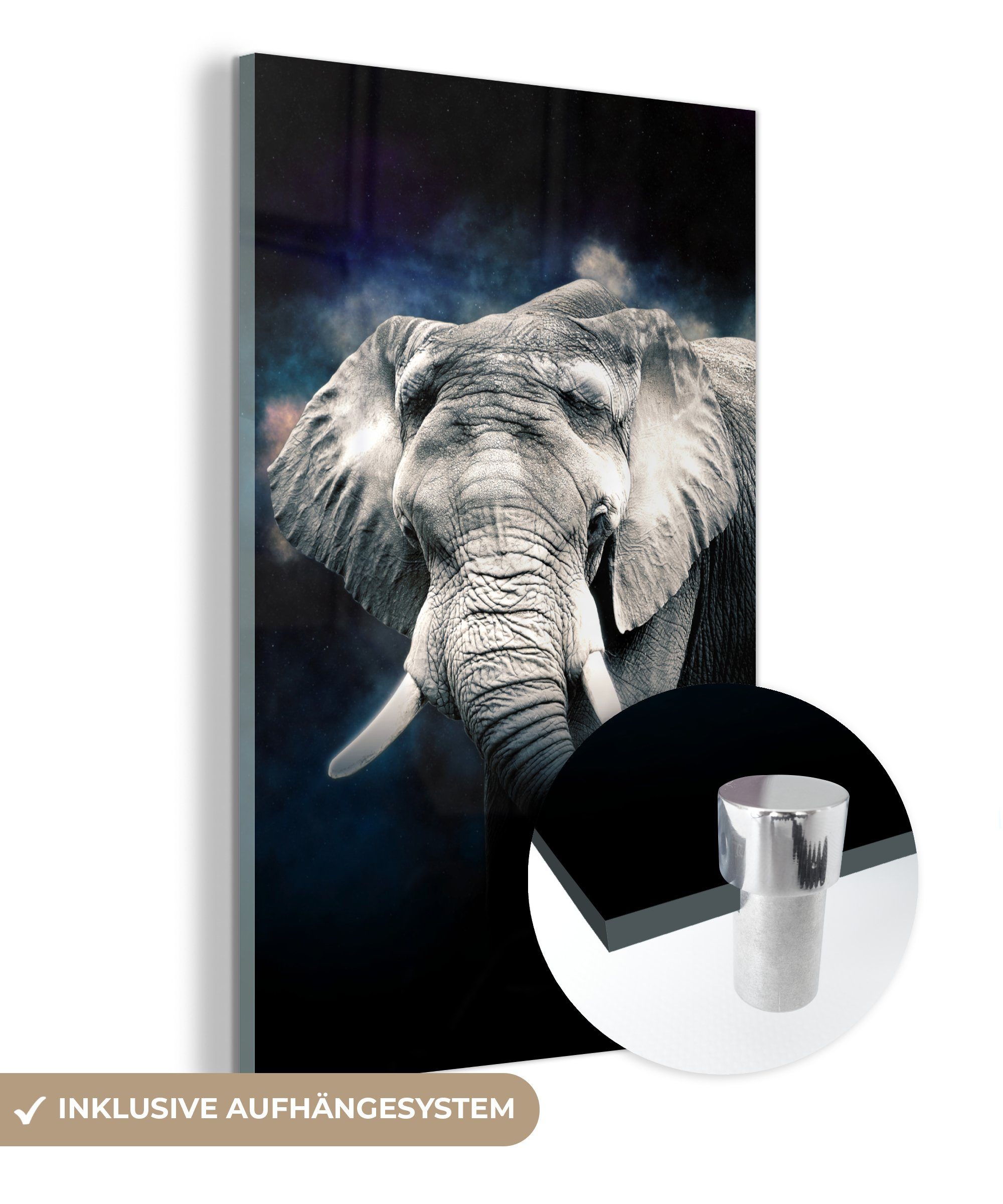 - - Schwarz Rauchen, Bilder auf - Wanddekoration Glasbilder Wandbild MuchoWow St), Elefant Glas (1 - Glas - bunt auf Acrylglasbild Foto