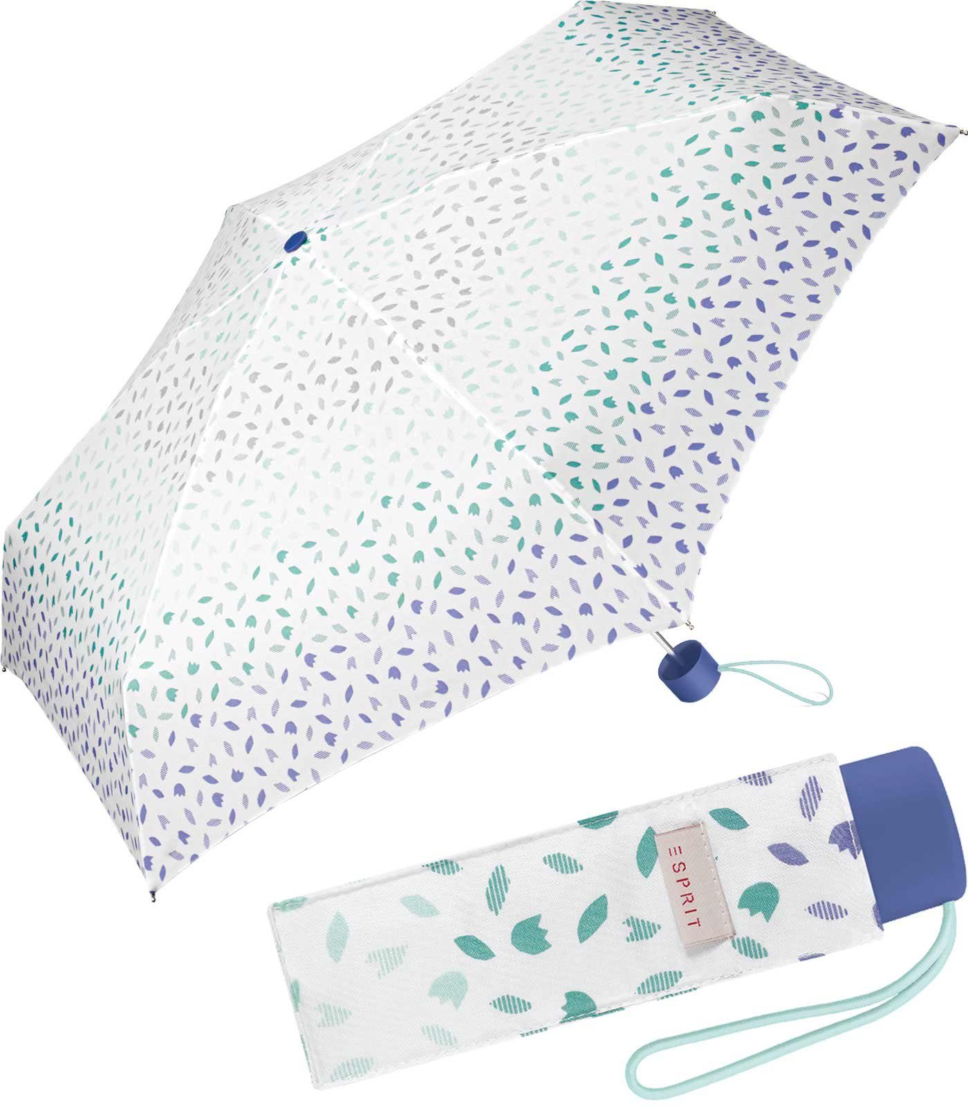 Esprit Taschenregenschirm kleiner, handlicher Schirm für Damen, zarte Blütenblätter in farblicher Abstufung - blau