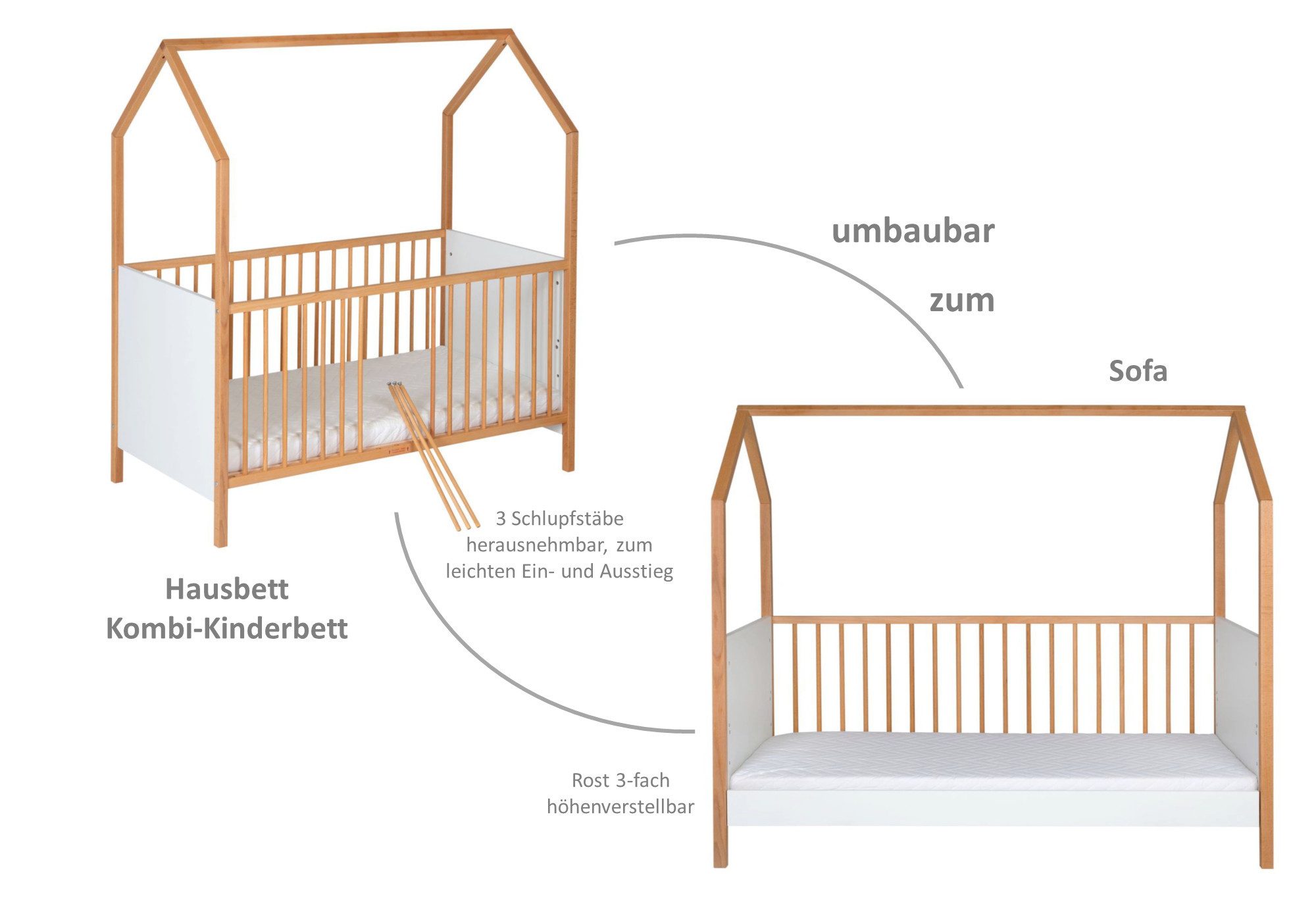 Schardt Babybett Hausbett Venice weiß/geölt 70x140 cm, Made in Germany, umbaubar zum Juniorbett