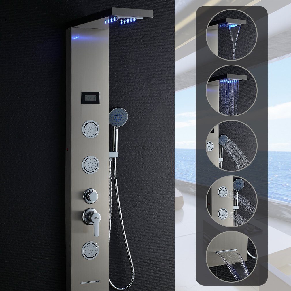 Auralum Duschsystem 5-Funktion mit Duschsäule Edelstahl LED Wassertemperatur-Display Dusch Duschpaneel Handbrause, Badezimmer Duschset