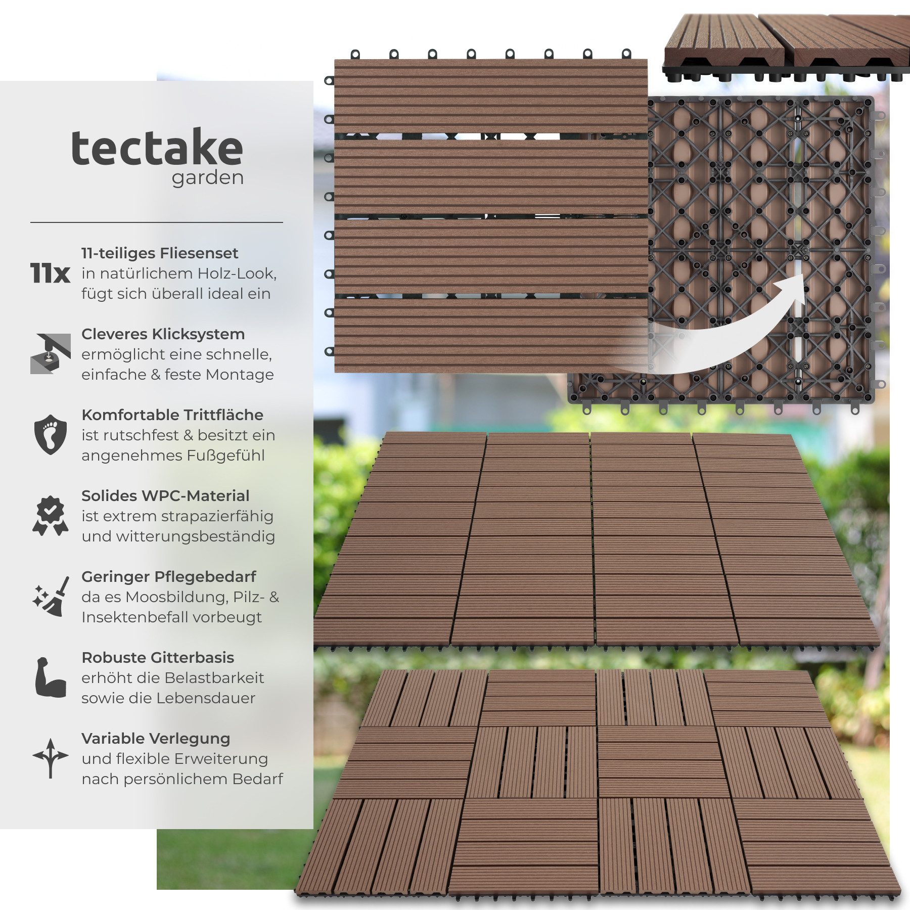 tectake Terrassendielen Terrassenfliesen 11er Set im Klicksystem, 31 x 31 x 2,2 cm, 1,0571 m², BxL: je 31,00x31,00 cm, (Terrassenplatten Außenbereich Tegulas, 11-St., in braun), robustes WPC in Holzoptik, mit Drainage, wetterfest
