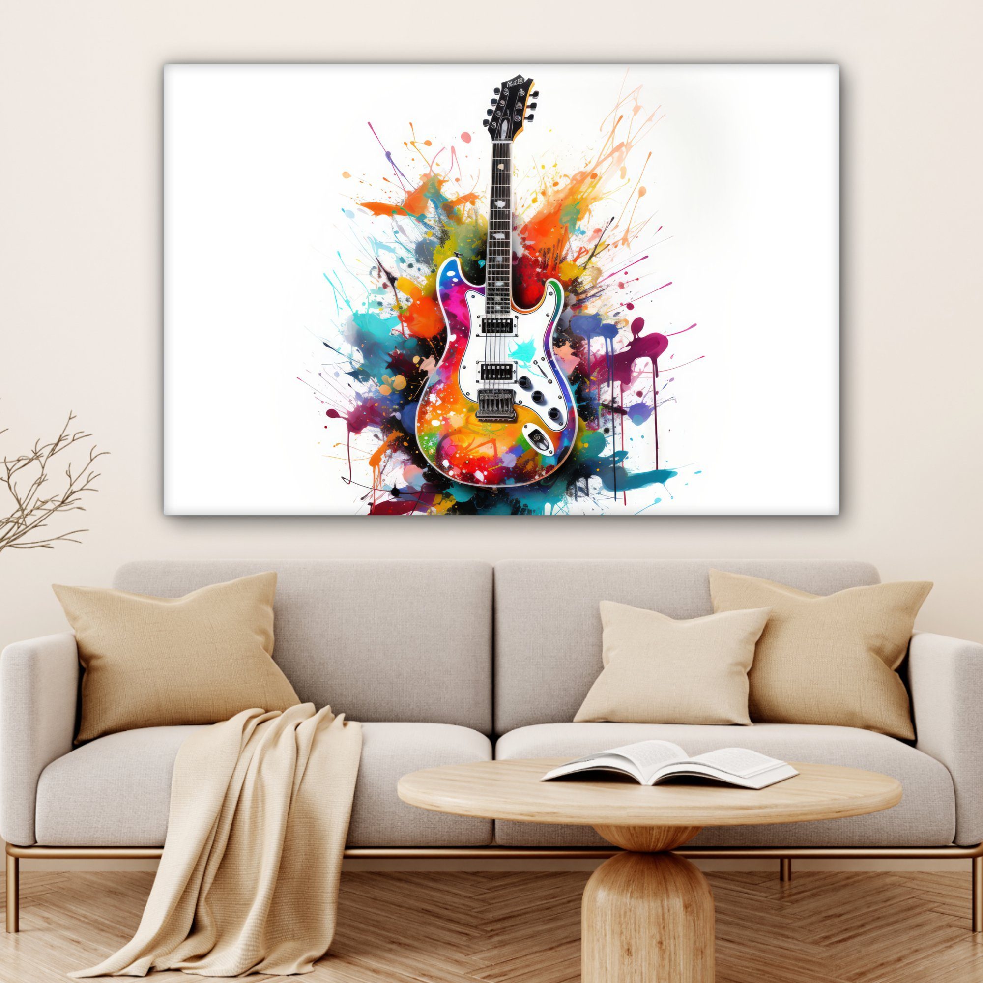 großes, Musik - - Wohnbereiche, alle OneMillionCanvasses® cm Leinwandbild Gemälde, St), für Gitarre 120x80 Weiß, XXL, (1 Graffiti - Wandbild
