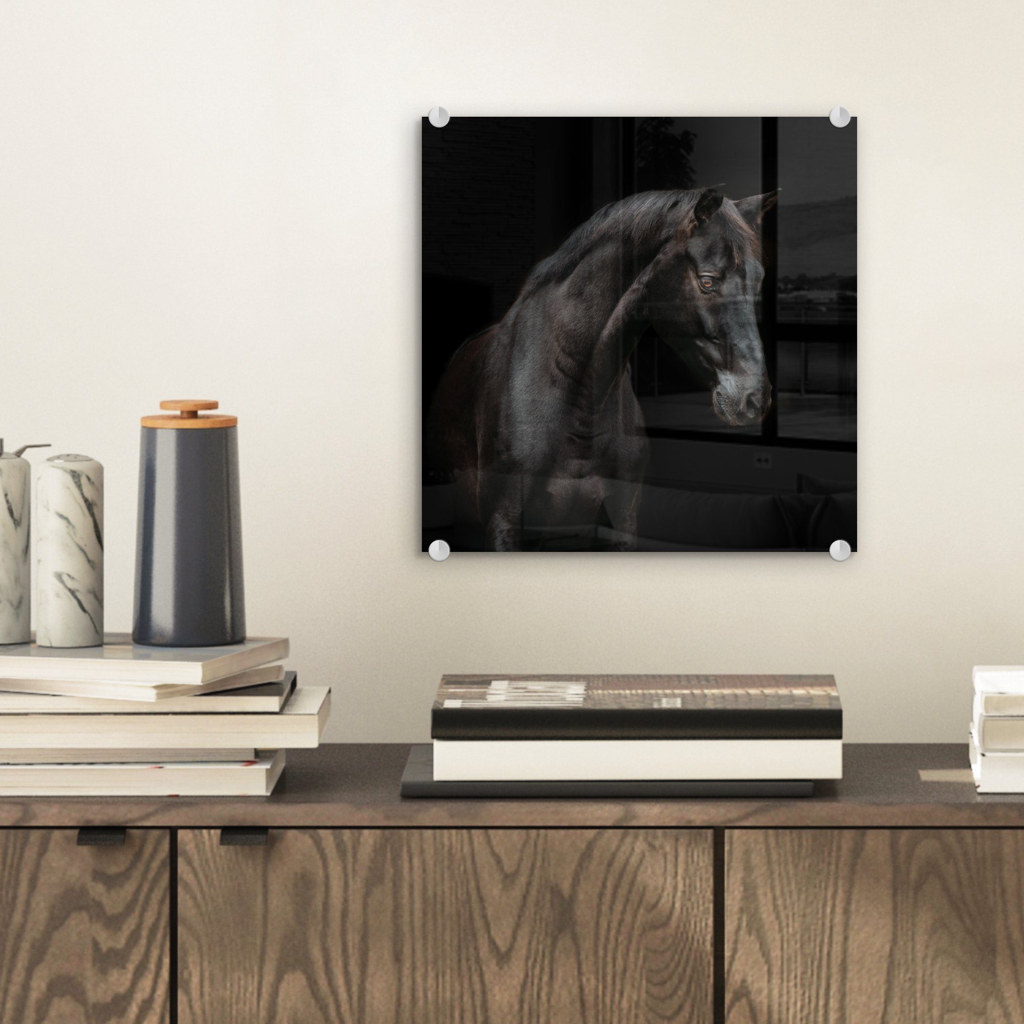 MuchoWow Acrylglasbild Pferd - Tiere - Schwarz - Porträt, Inkl. Aufhängung, Bilder auf Glas Wandbild, Wanddeko Wohnzimmer Badezimmer, 20x20 cm