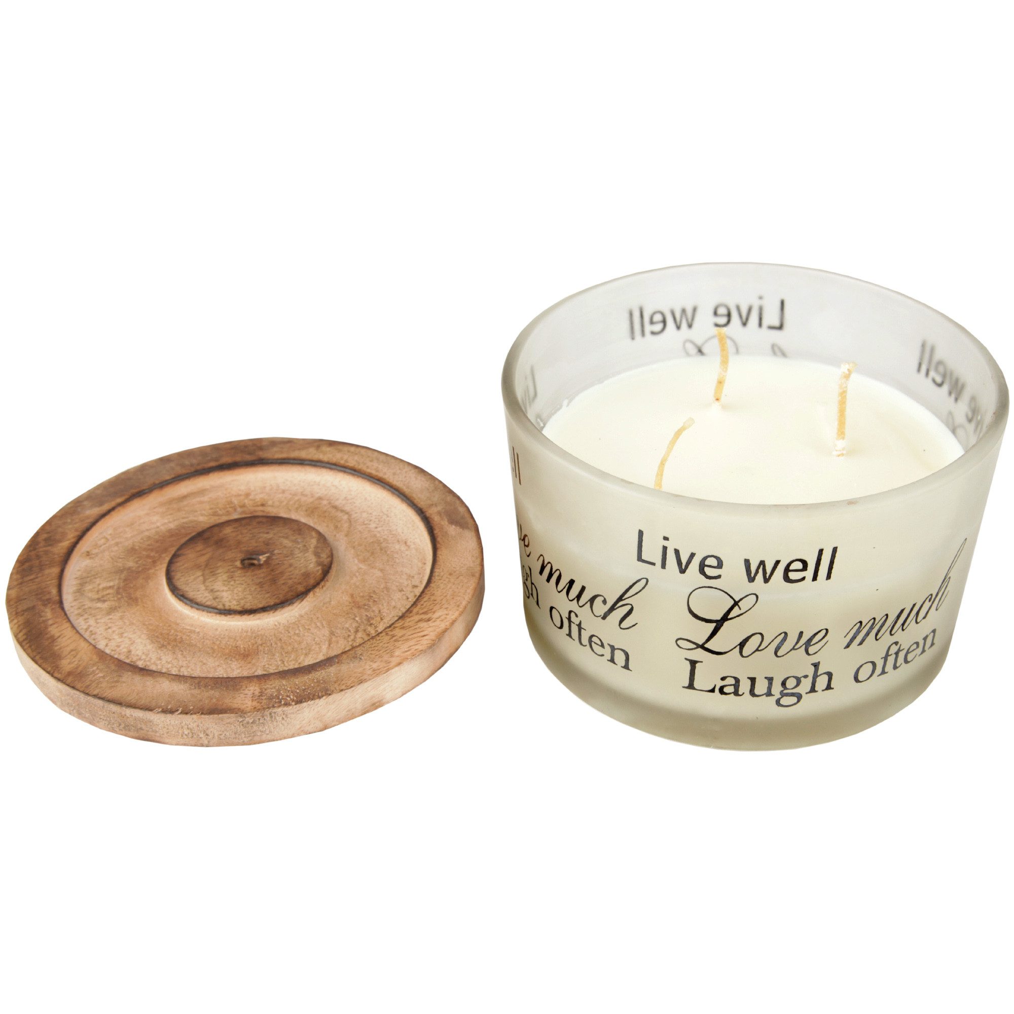 HS Candle Duftkerze im Glas inkl. Holzdeckel, Kokosnuss & Limette, Mehrdocht mit Sprüchen (1-tlg), 3 Dochte, 380 g Wachs, Ø13 x H8 cm, bis zu 36 h Brenndauer