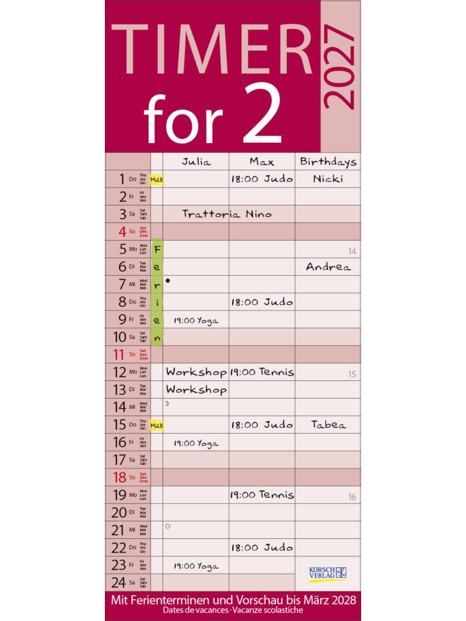 Korsch Verlag Collegeblock Korsch Kalender Timer for 2 Lifestyle 2027