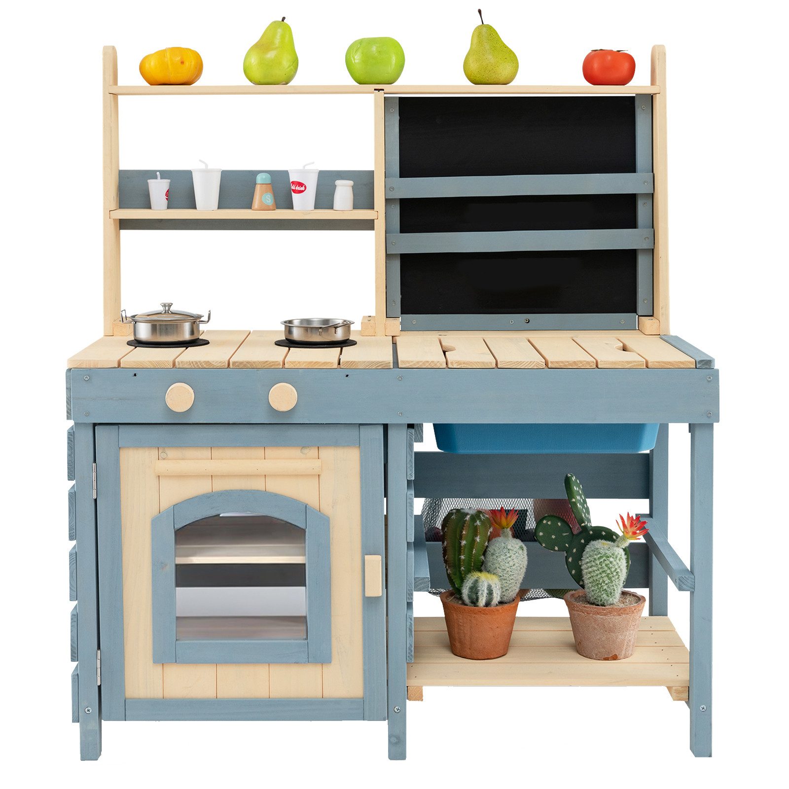 COSTWAY Outdoor-Spielküche Holz, Matschküche mit abnehmbarem Waschbecken & Metallkörben