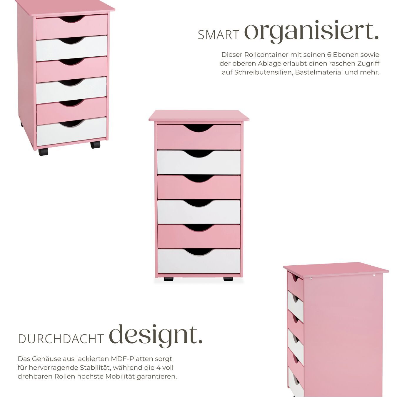 tectake Rollcontainer Schreibtischcontainer 36 x 40 x 65 cm aus Holz, einfache Montage, (Bürokommode, in rosa), 4 leichtgängige drehbare Doppelrollen, 6 Schubladen, runde Kanten
