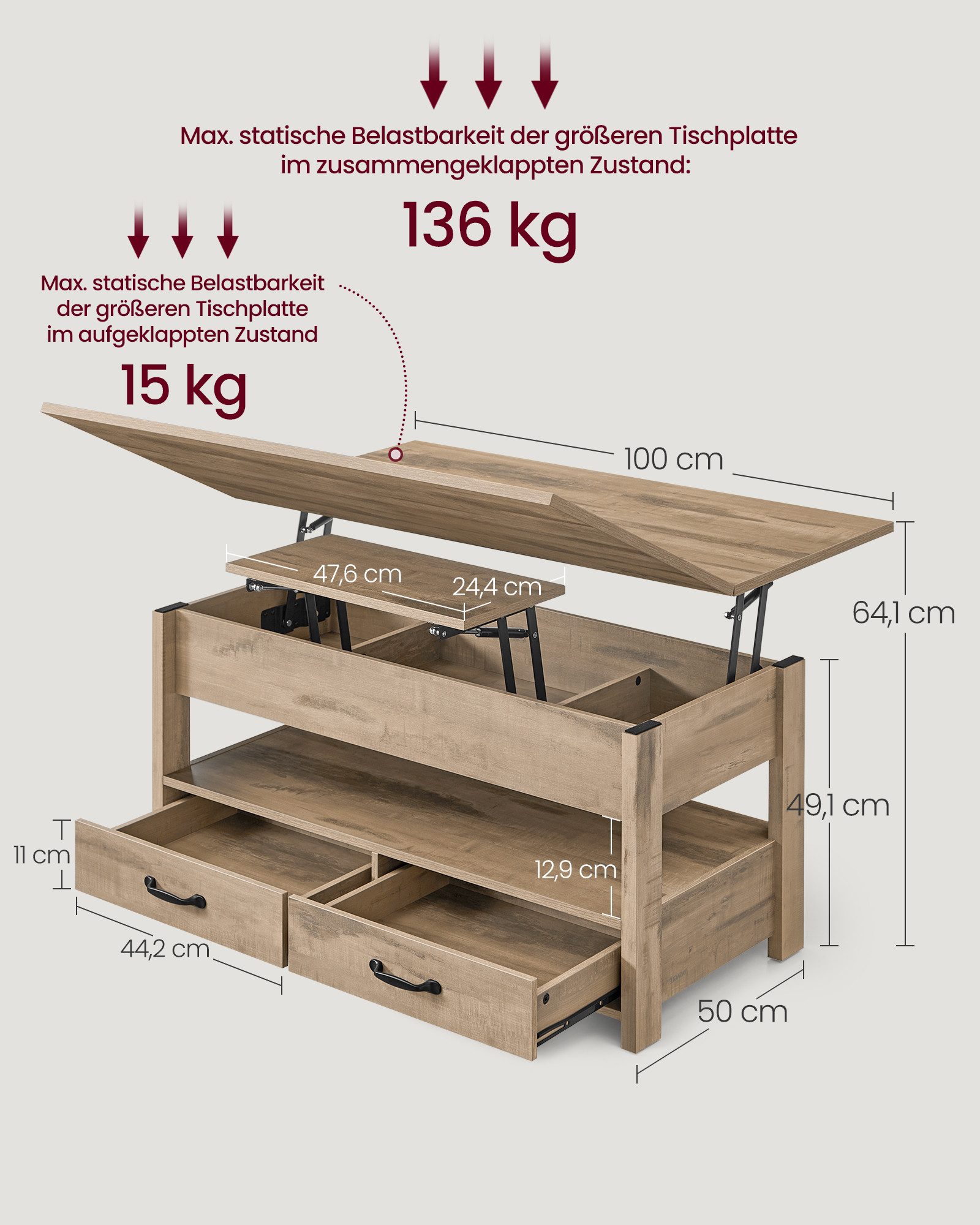 VASAGLE Couchtisch, Wohnzimmertisch, Doppel-Hebemechanismus, höhenverstellb günstig online kaufen