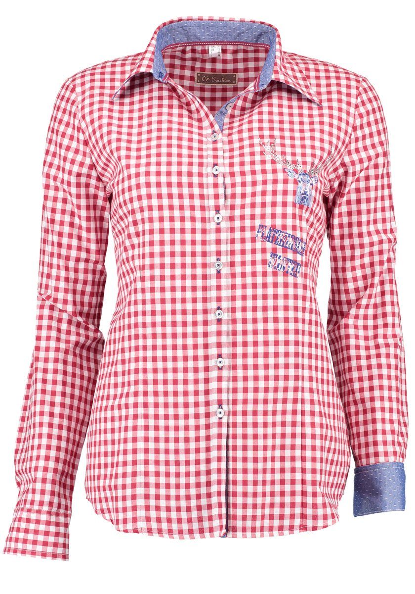 OS Trachten Trachtenbluse Fenadi Damen Langarmbluse mit Bügelmotiv auf der Brust und auf dem Rücken