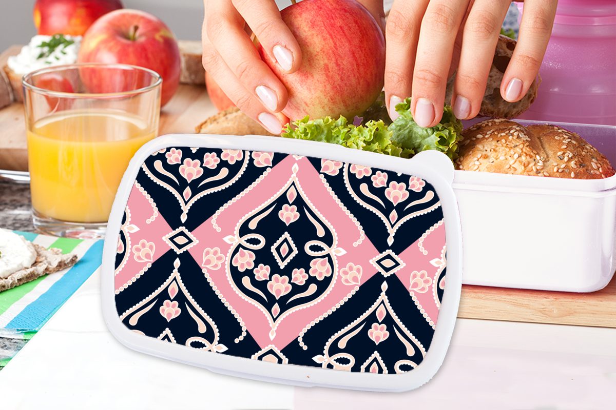 MuchoWow Lunchbox Blumen - Rosa für Mädchen Kinder Jungs (2-tlg), - weiß Entwurf, Kunststoff, und - Brotbox Ornament für Erwachsene, und Brotdose