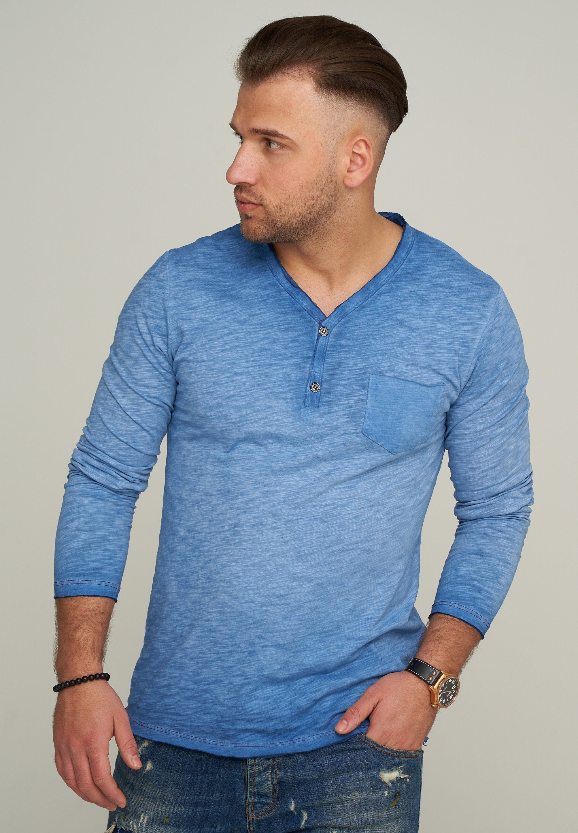 CARISMA Longsleeve CRSEWARD V-Neck mit Knopfleiste T-Shirt Blau