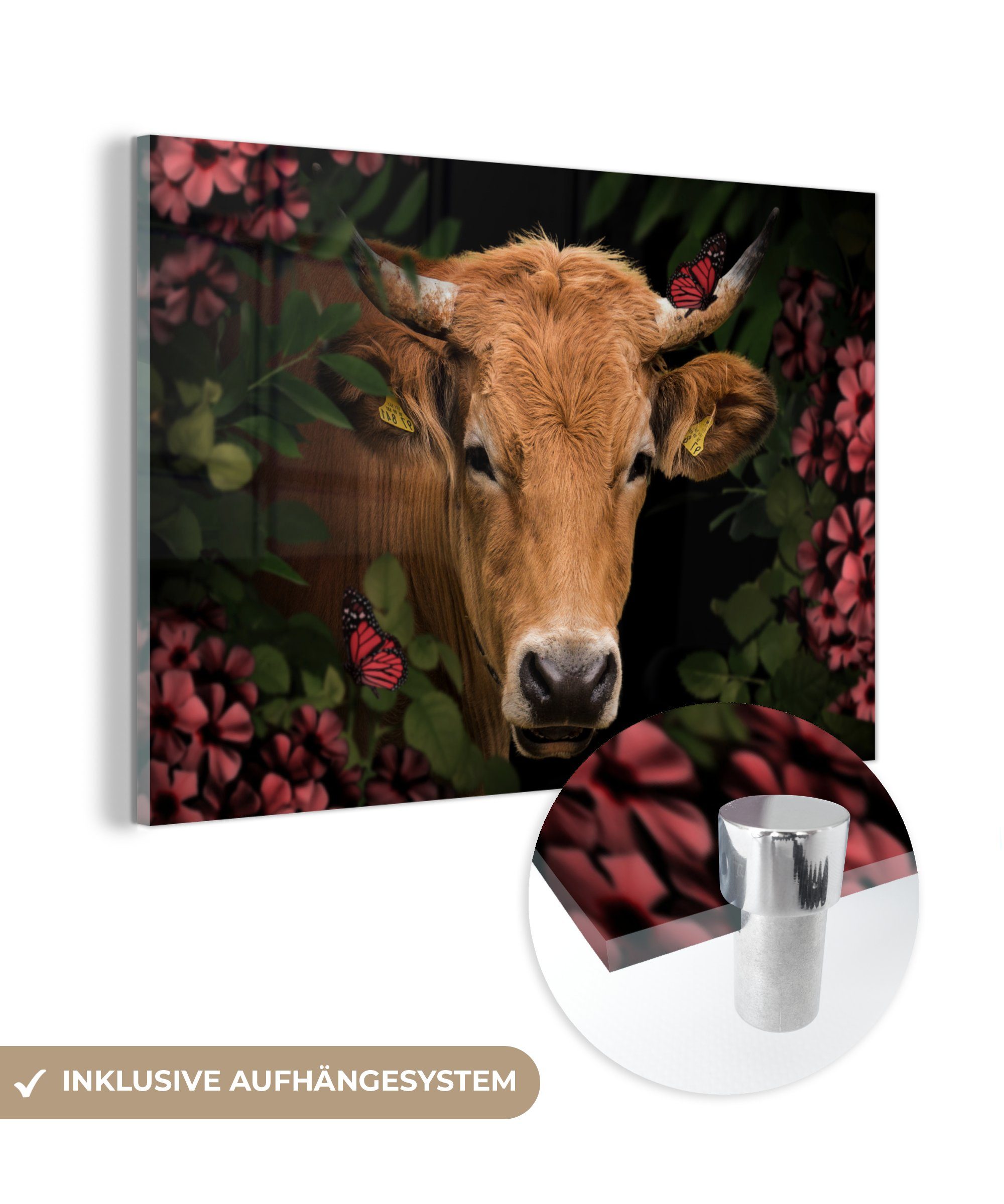 MuchoWow Acrylglasbild Kuh - Blumen - Tiere - Braun, (1 St), Acrylglasbilder Wohnzimmer & Schlafzimmer