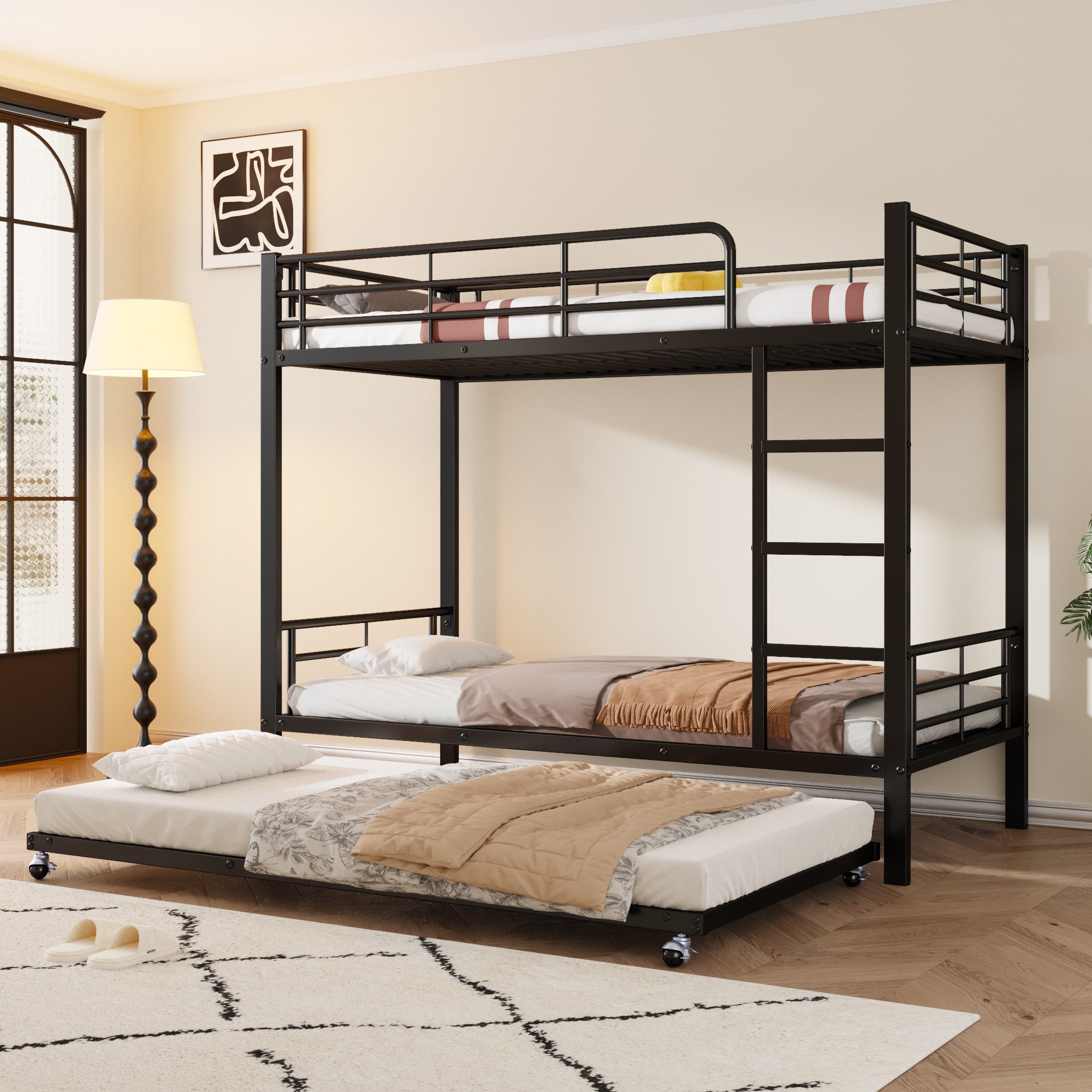 Flieks Etagenbett, Dreierbett Metallbett 90x200cm mit Leiter und Ausziehbet günstig online kaufen