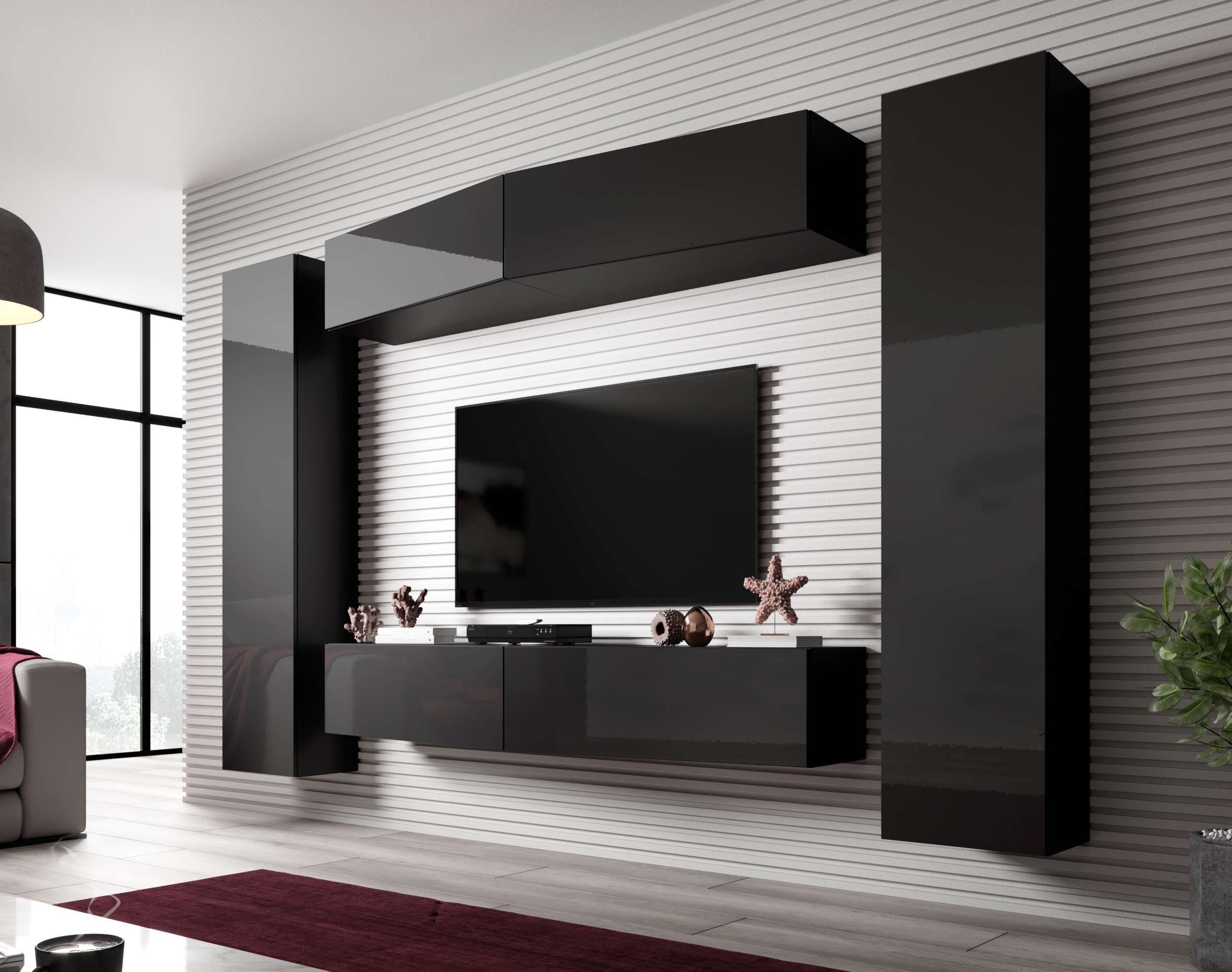 Stylefy Wohnwand Vago SLATE VII, (Set (6-St), Wohnmöbel, Wohnzimmer-Set), bestehend aus 2xHängevitrine und 4xHängeschrank, mit Push-to-Open, Modern Design, variabel hängbar Schwarz Matt - Schwarz Hochglanz